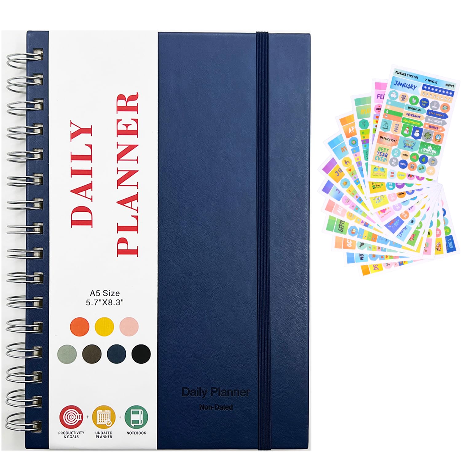 STAYOUNG Daily Planner Undated - Daily & Weekly Goals A5 Journal Notebook with 12 Stickers, To Do List, Elastic closure, Study Personal Planner Writing journal Dairy, 80 Sheets 21.5cm x 15cm (Blue)