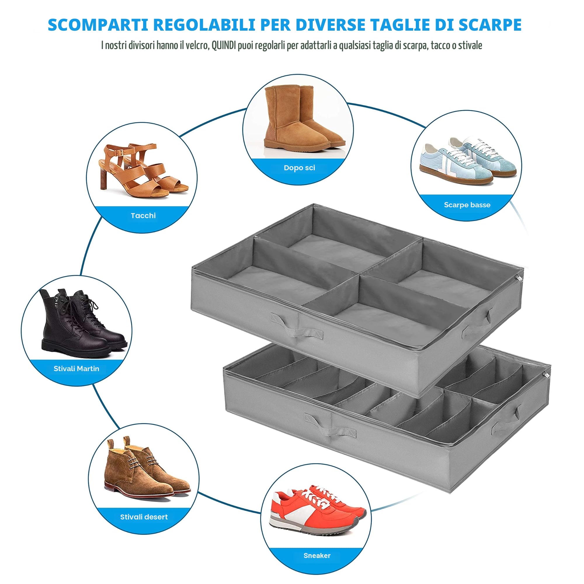 VAESIDA Porta Scarpe Pieghevole sotto Il Letto 2 Pezzi, per 16 + 4 paia di Stivali, Custodia Sottoletto Contenitori per Scarpe, Manici Rinforzati, Organizer Scarpe Trasparenti Divisori Regolabili