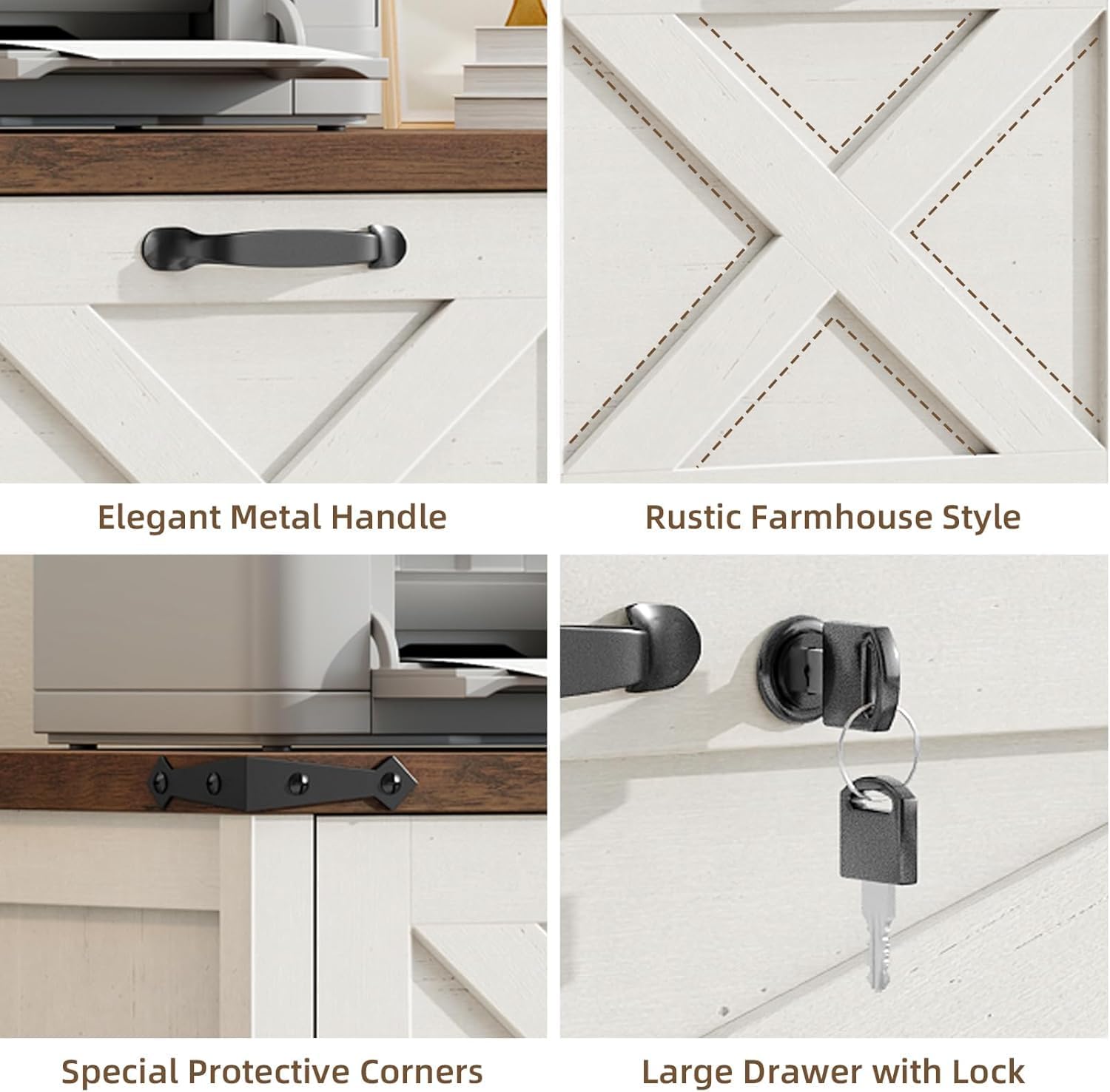 Vabches Lateral File Cabinet with 3 Drawers, Farmhouse File Cabinet with Lock for Letter/A4/Legal Size Hanging Files, Wood File Storage Cabinets Printer Stand for Home Office Cabinets, Rustic White