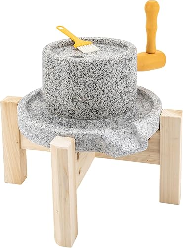 Molino de piedra manual, molino de pasta de granito natural, molino de grano, solo molino de harina húmeda con marco de madera para grano y especias