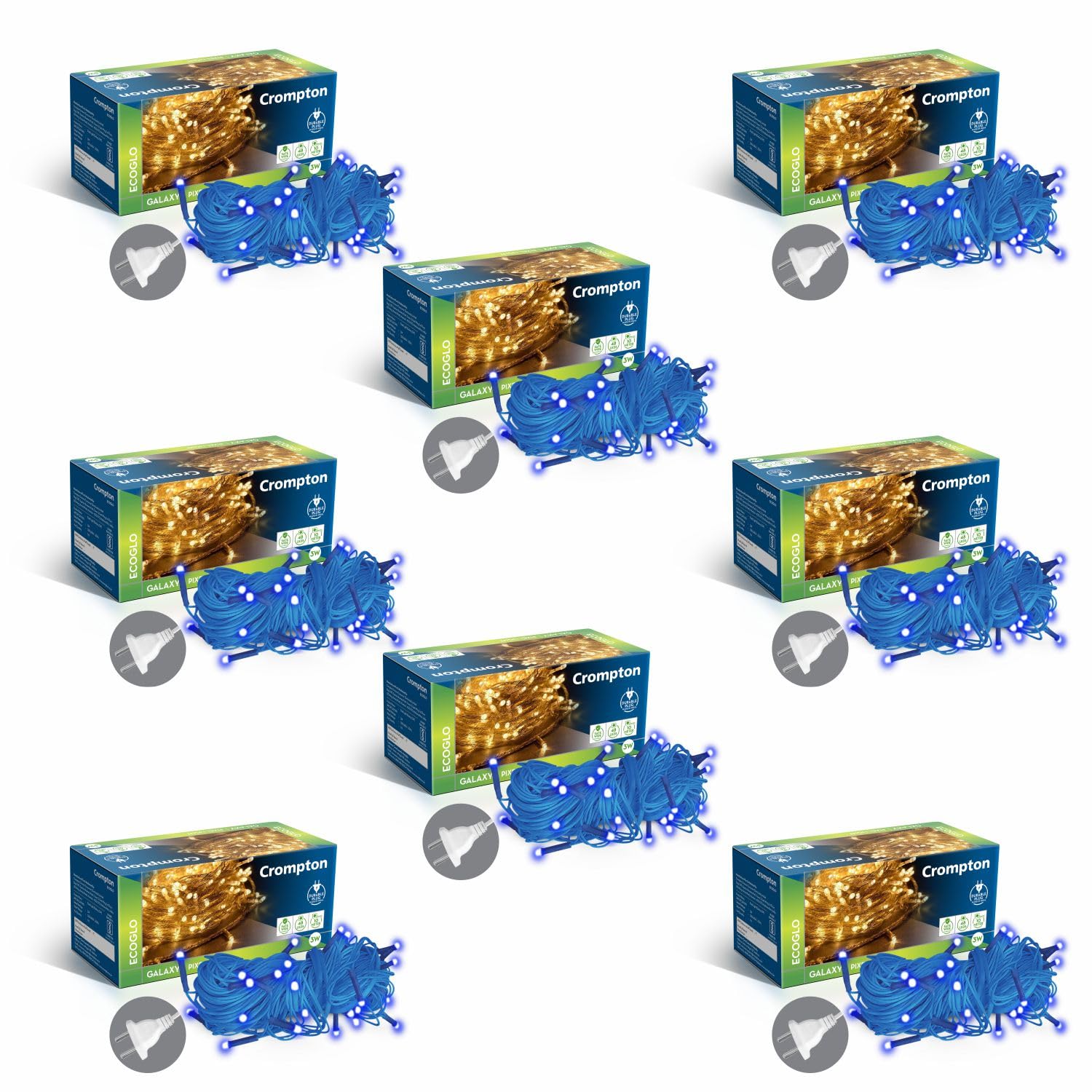 Crompton Galaxy Pixel Light | Festive Ladi Lights | 10 Meter | 48 LEDs | Blue | Pack of 8 | Direct 2-pin Plug | BIS Safe Wire | for Home Decoration, Diwali, Festival, Birthday, Marriage