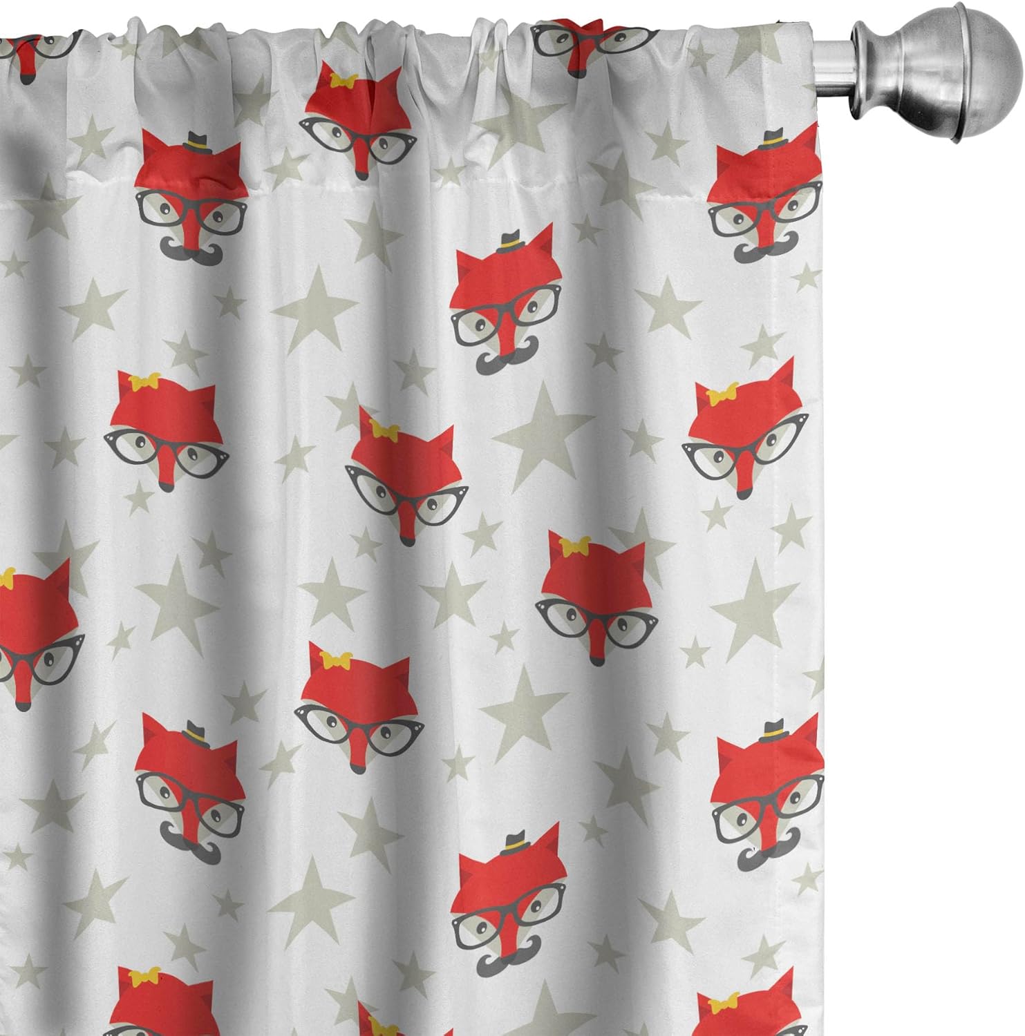 Ambesonne Cartoon Window Curtains, Hipster Foxes with Hats Glasses on Stars Background Funny Animal, Lightweight Decor 2-Panel Set with Rod Pocket, Pair of - 28" x 95", Coconut Scarlet