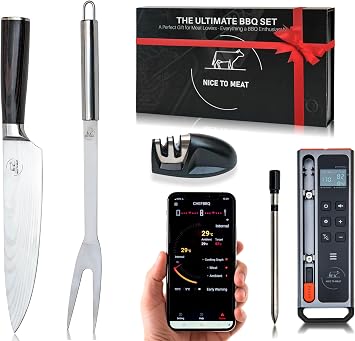 Wireless Meat Thermometer Digital BBQ Set, 5.3 Bluetooth and WiFi connectivity 800ft APP Control iOS&Android with Chef Knife, Fork, Meats Temperature Probe, Grilling, BBQ Gift for Men
