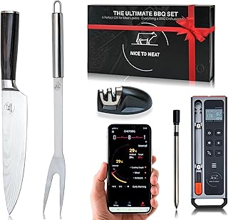 Wireless Meat Thermometer Digital BBQ Set, 5.3 Bluetooth and WiFi connectivity 800ft APP Control (iOS&Android) with Chef Knife, Fork, Meats Temperature Probe, Grilling, BBQ Gift for Men