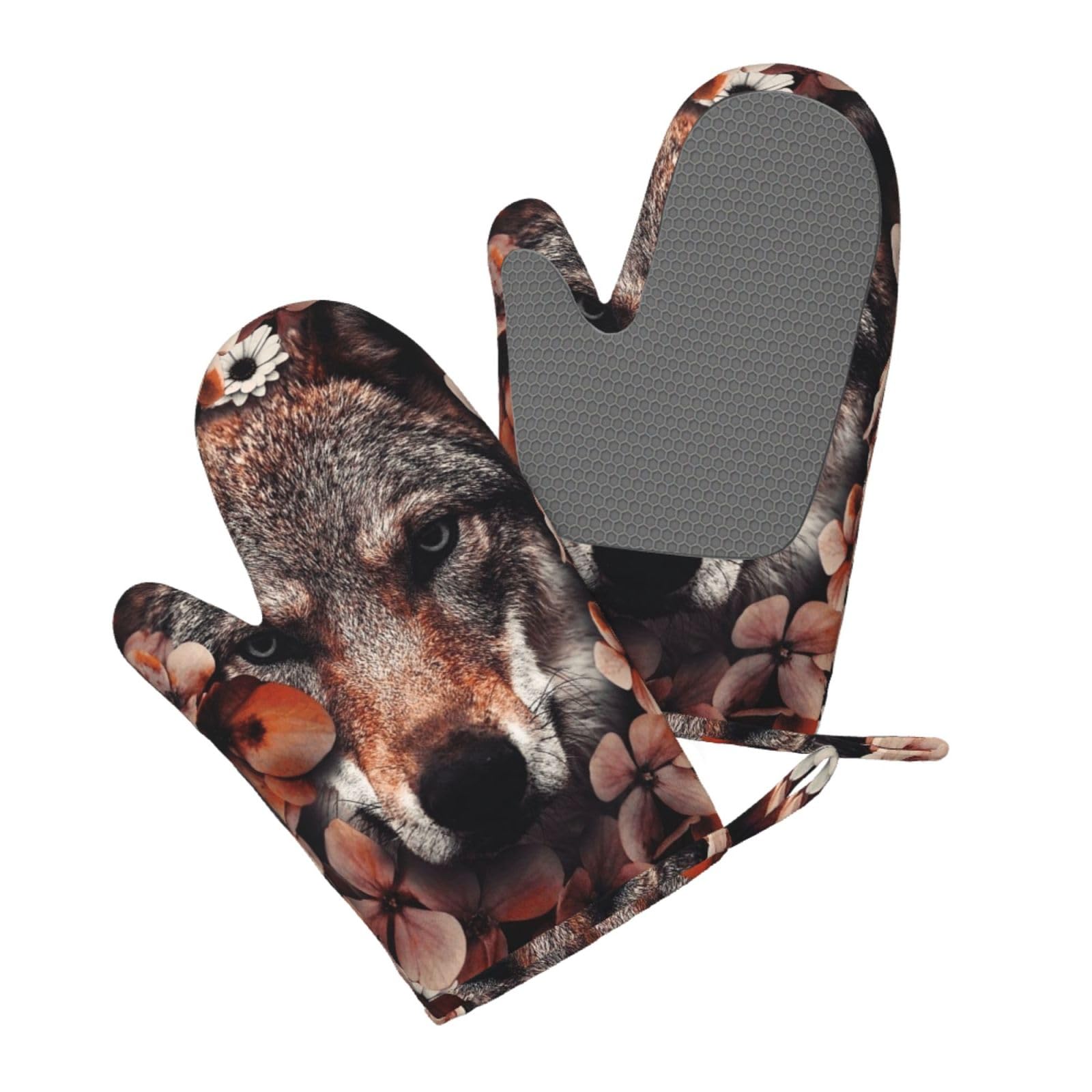 Silicone Oven Mitts Set 2PCS, Wolf and leaves Printed Heat Resistant Non-Slip Silicone Oven Gloves for Kitchen Cooking Baking Microwave