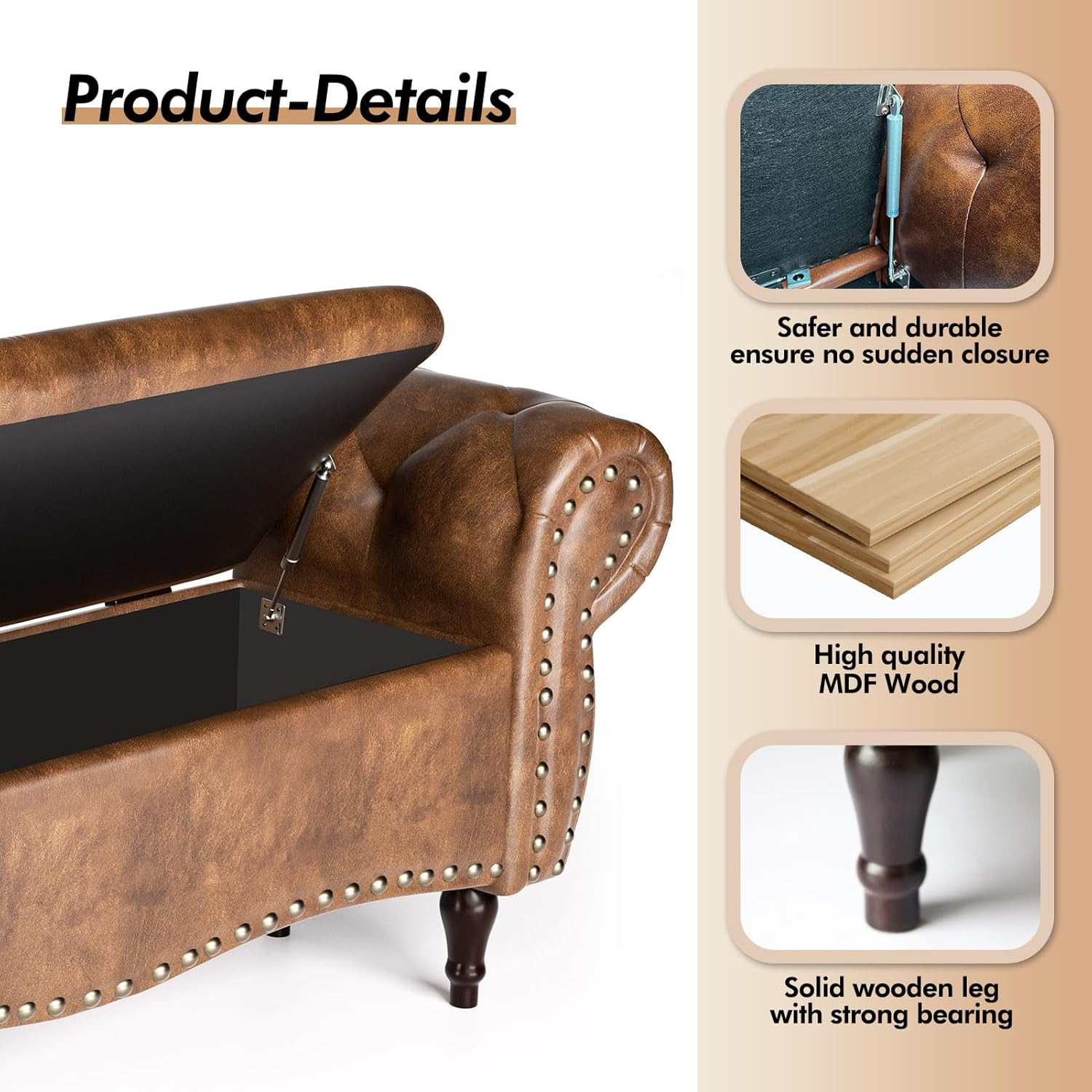 Storage Ottoman Bench, 51" Length Upholstered End of Bed Storage Bench for Bedroom with Safety Hinge, Tufted Bed Benches with Rolled Arm and Nailhead Trim for Living Room, Entryway Brown