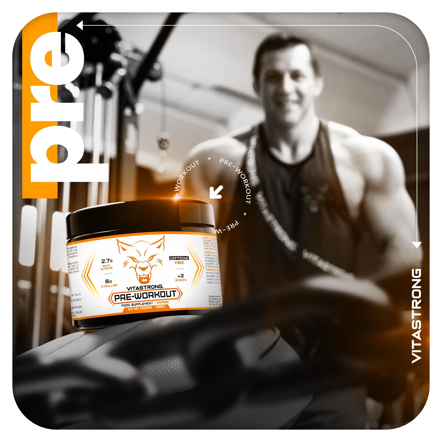 Pre Workout Sans Cafeine 300g Vegan, Goût Orange, 24 Portions, Vitastrong | Preworkout Booster Puissant, Vitamine B12, L Citrulline, Beta Alanine, enXtra Galanga, Taurine, AstraGin