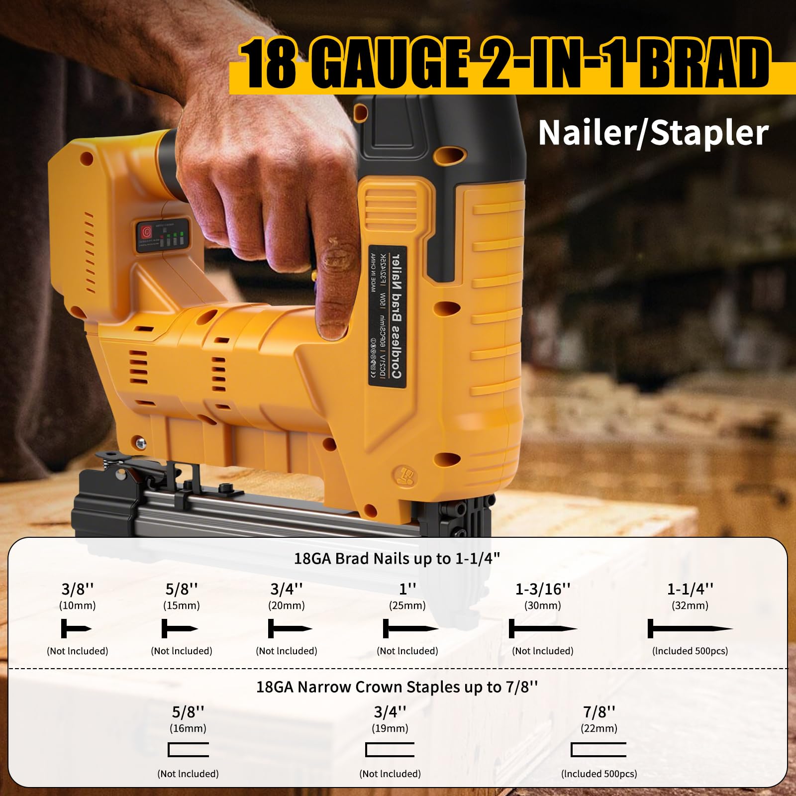 Pistola per unghie da 18 GA compatibile con batteria Dewalt da 20 V, chiodatrice elettrica senza fili 2 in 1, 500 chiodi e 500 graffette incluse per la lavorazione del legno fai da te (senza batteria)