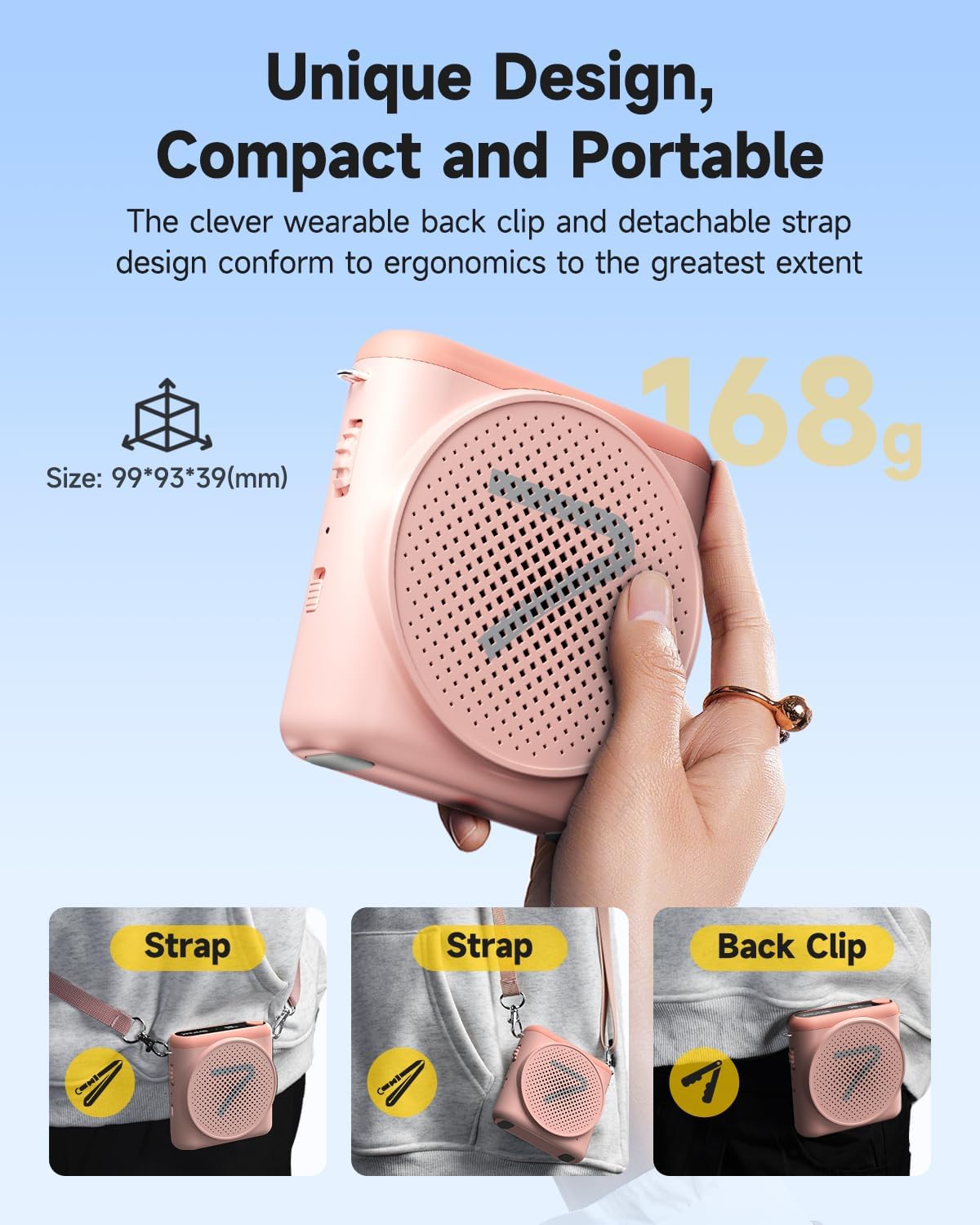 7RYMS WA1 Wireless Voice Amplifier with Headset Microphone for Teachers, Personal Power Amplifier with Noise Canceling, 164ft Range, 23H Working, Microphone Speaker for Teaching, Speech, Yoga(Pink) - Image 4