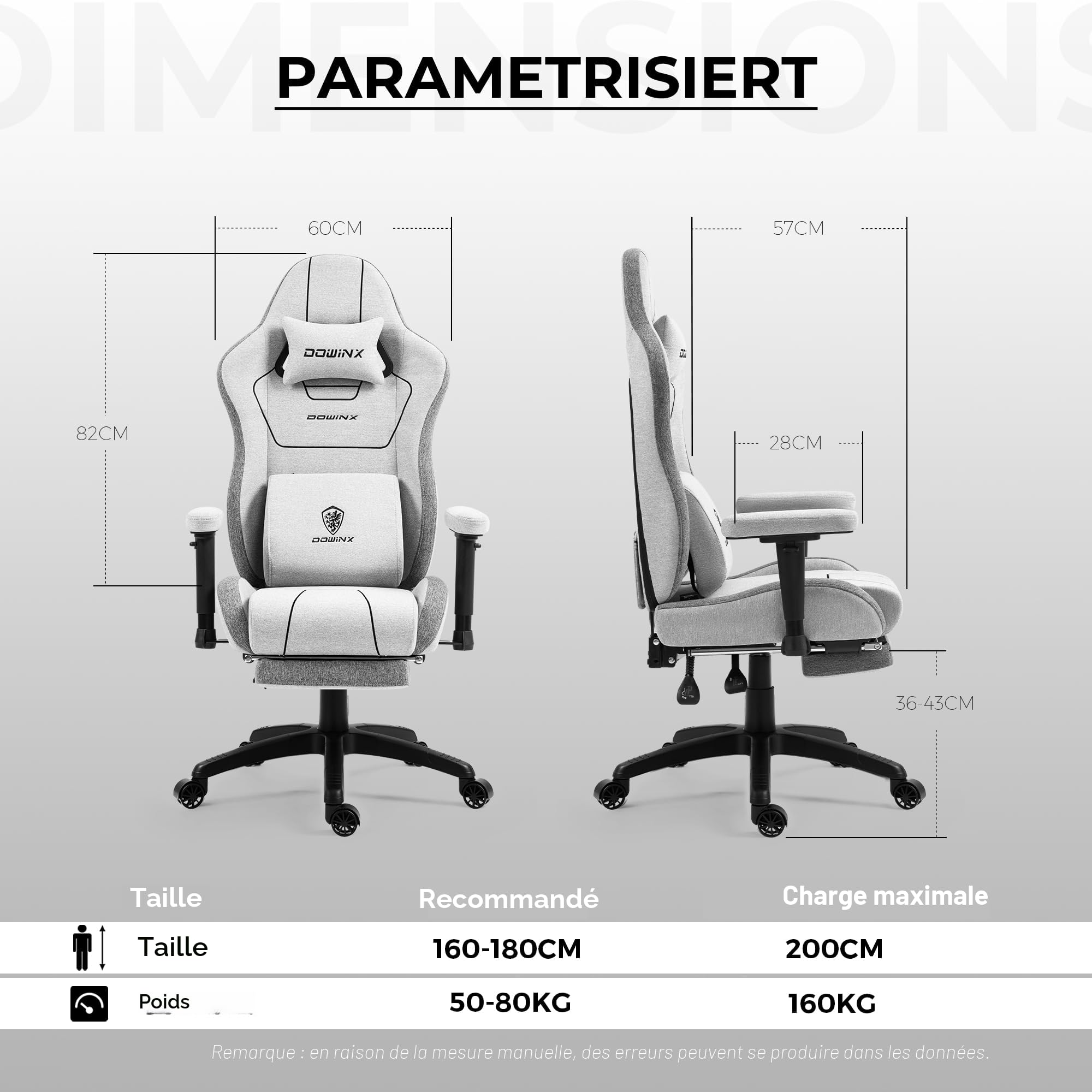 Dowinx Chaise Gaming Tissu, Chaise Gaming Ergonomique avec Accoudoirs Confort Rembourrés, Fauteuil Gamer Stable pour Gaming et Bureau, Assise Confortable pour Longues Sessions, Gris
