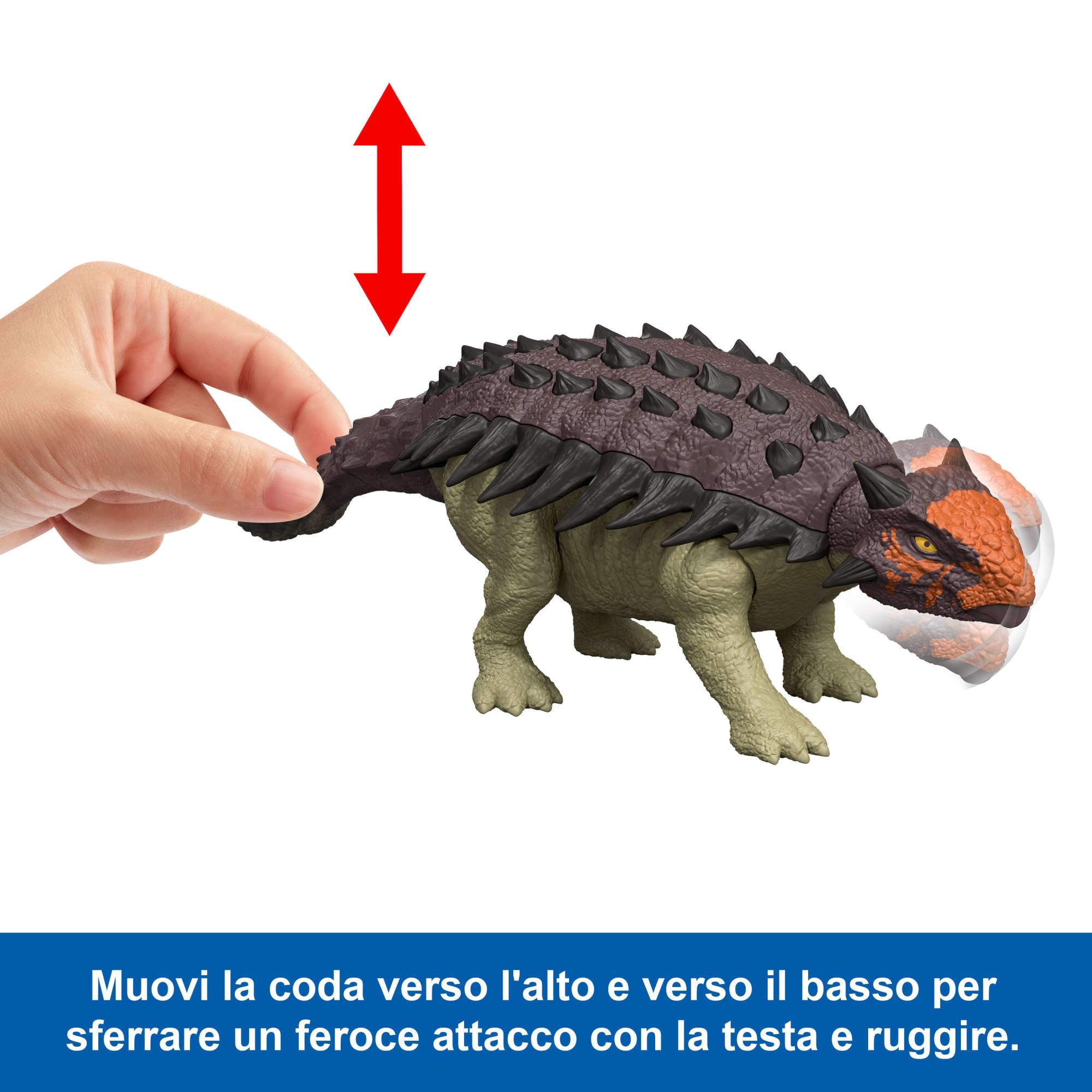 Mattel Jurassic World La Rinascita Anchilosauro Ruggito Selvaggio, action figure snodata del dinosauro con attacco multiplo della testa azionato con la coda e suoni, gioco digitale, JGB90