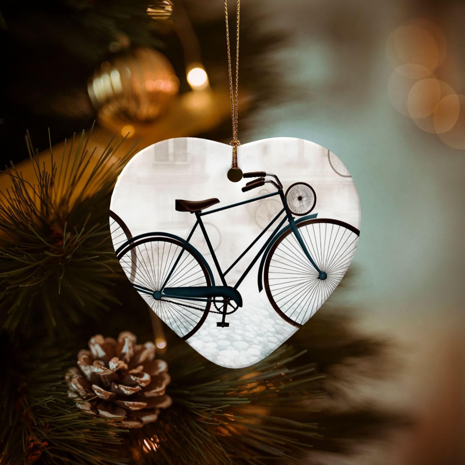 Christmas Ornaments for Christmas Tree Decoration Hanging Retro Bicycle Ornament with Gold Ribbon Crafts Heart Shape Ceramic Pendant for Keepsake Gifts Xmas Decor Party Supplies