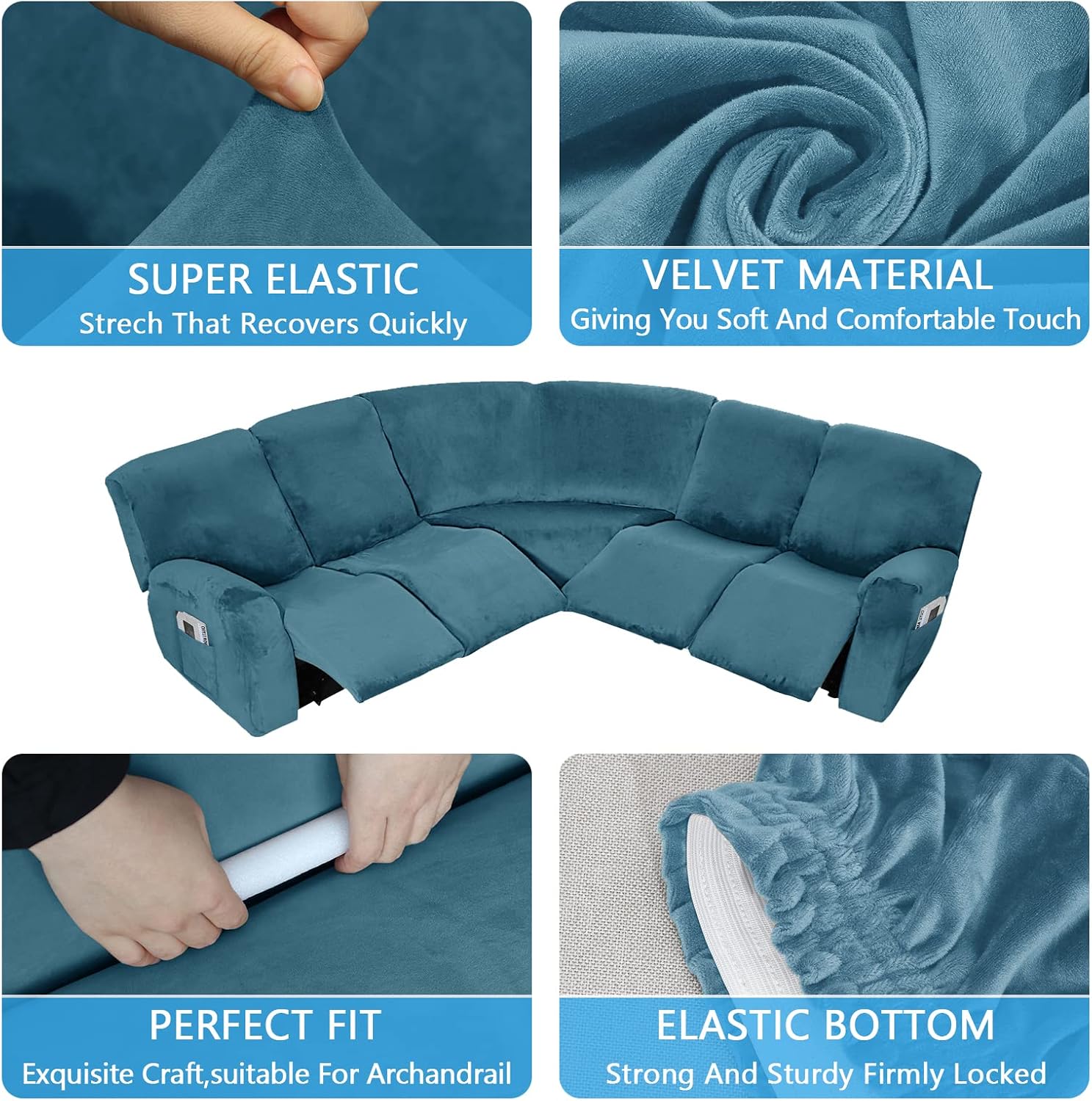 Corner Sofa Cover, Velvet Stretch Sectional Cover, Recliner Corner Sofa Protector, Corner Sofa Slipcovers Reversible Couch Cover for Recliner, Sectional Sofa Set for Livingroom(5 Seats,Peacock Blue)