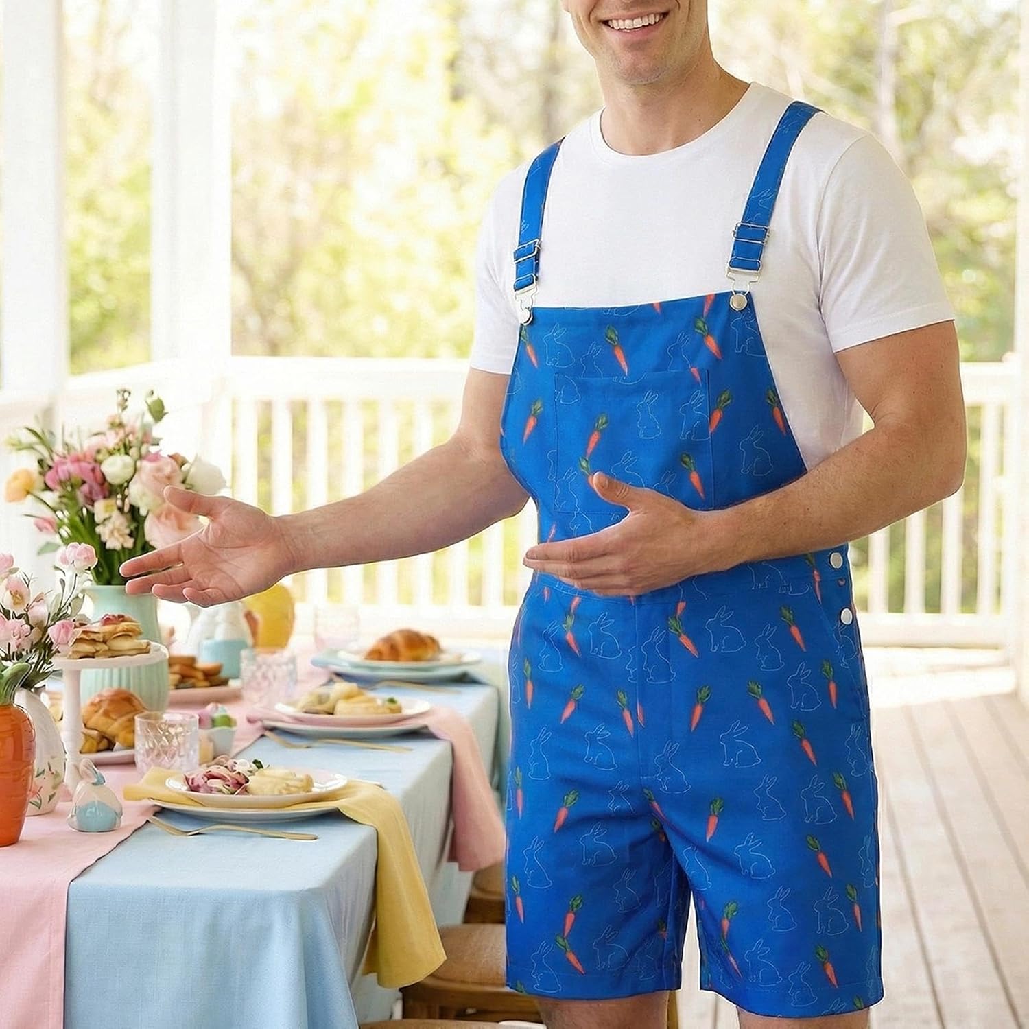 Easter Bunny Overalls for Mens,Easter Shorts Romper Festival Printed Rabbit Carrot Jumpsuit Work Bib Overalls Mens