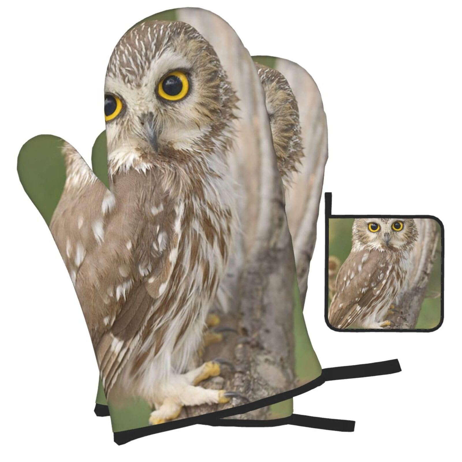 Wildlife Animal Owl Printed Oven Mitts and Pot Holders Heat Resistant Set of 3 Pcs, Modern Kitchen Gloves & Potholders for Cooking Baking Grilling
