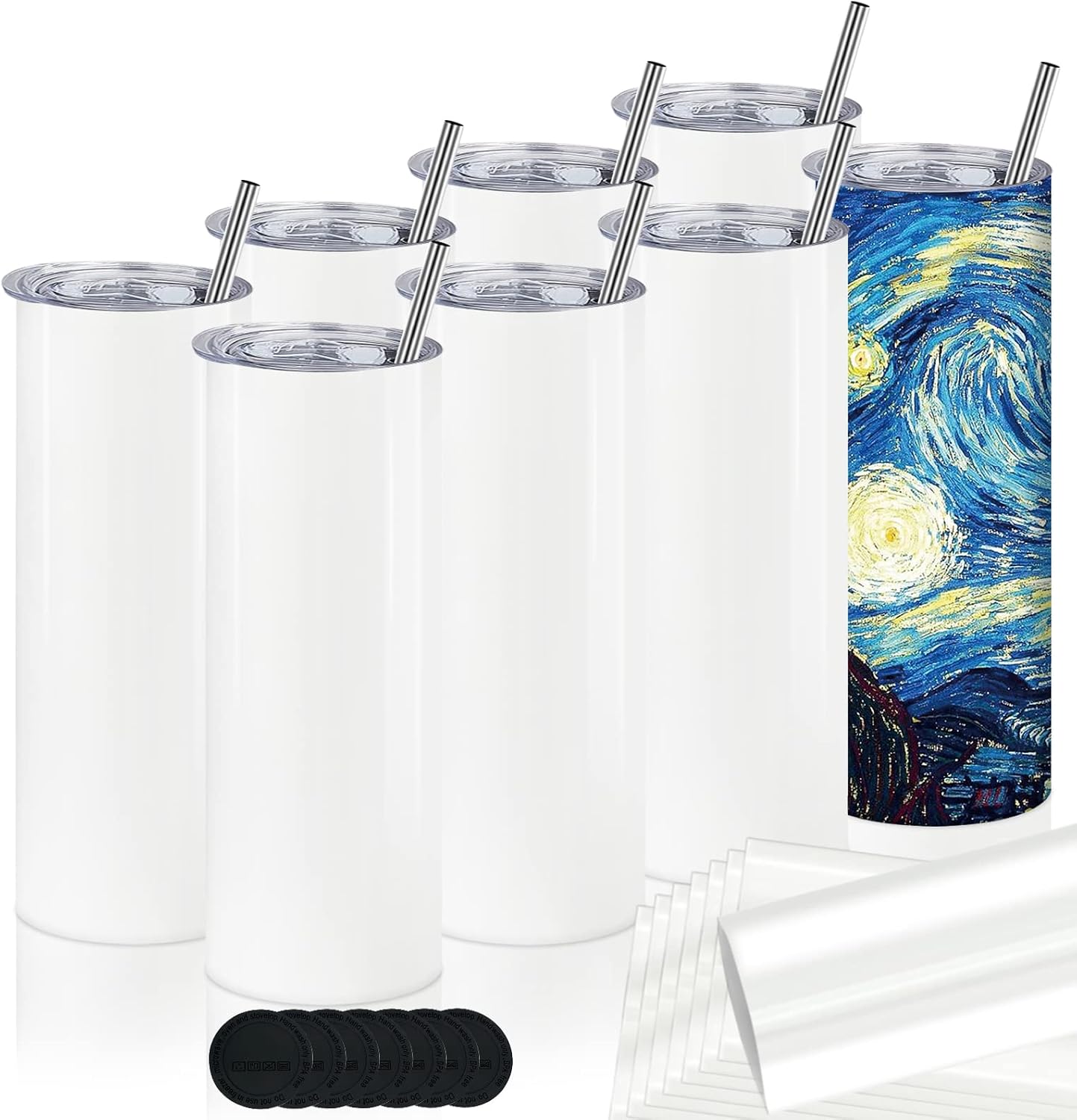 XccMe 20oz Sublimation Straight Skinny Tumblers Bulk,8PACK Stainless Steel Double Wall Blanks with Metal Straws,Lids,Individually Boxed,Sublimation Coating for Heat Press Great DIY Gift