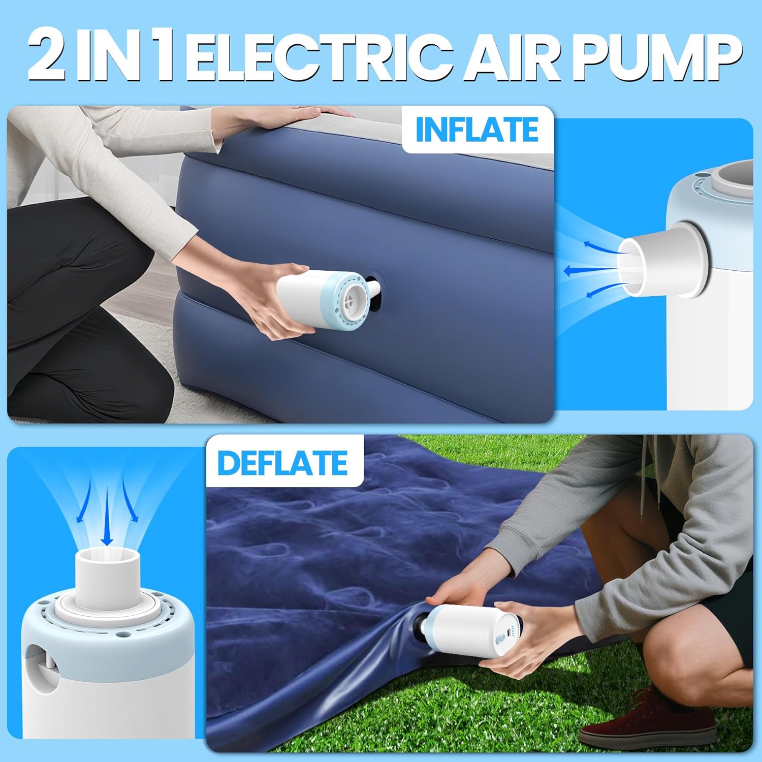 PRAXXIS Electric Air Pump for Inflatable with 4 Nozzles, Portable Air Pump with 1500mAh Battery Rechargeable,4kPa Air Mattress Pump,Ultra-Fast Inflator/Deflator Pumps for Air Mattress Beds,Pool Floats - Image 3