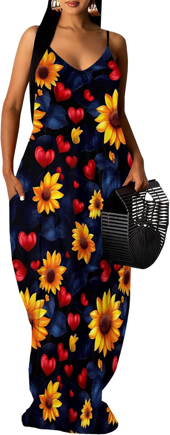 Women's Plus Size Summer Dresses Spaghetti Print Maxi Dresses Long Loose Sundresses