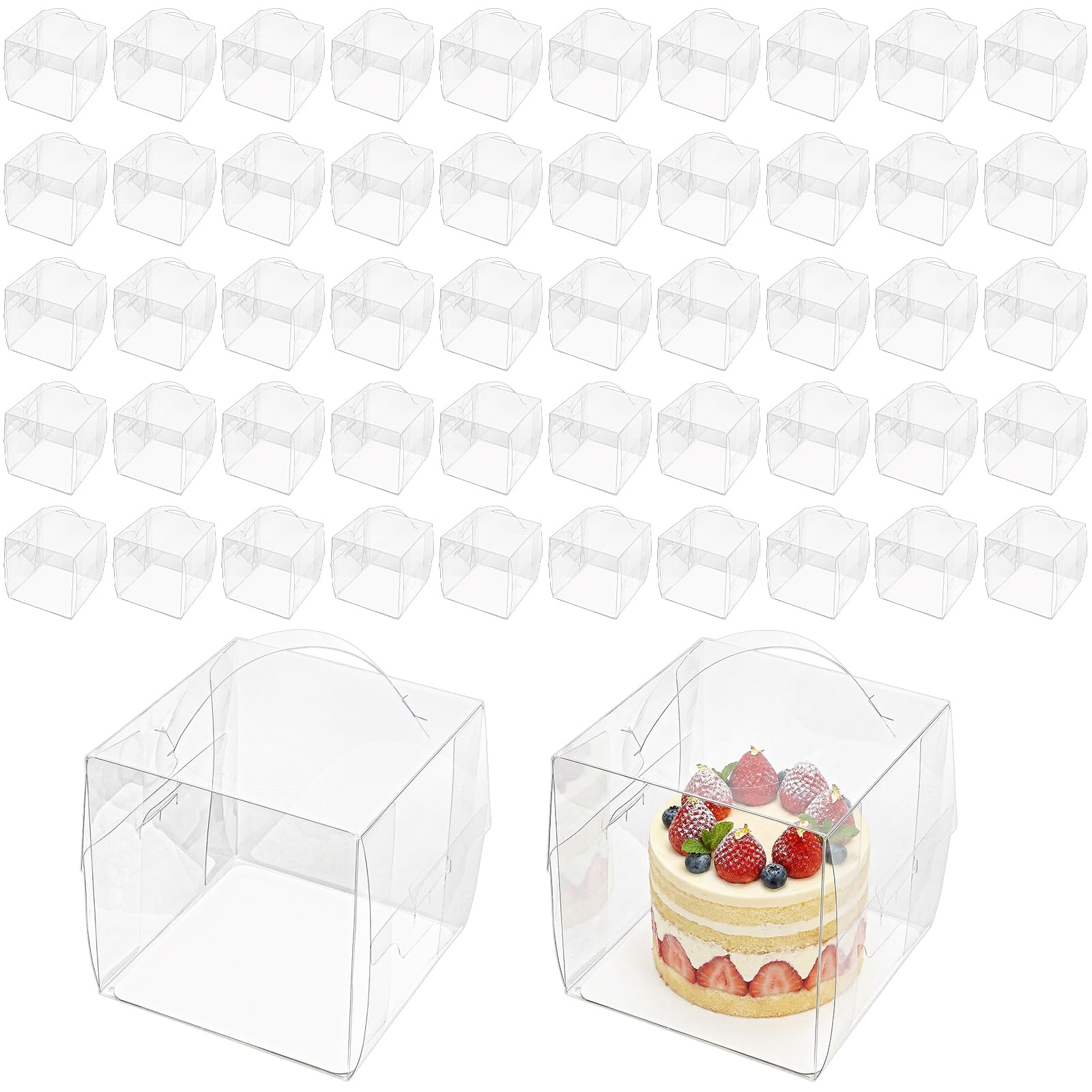 Photo 1 of Lawei 50 Pack Clear Cake Boxes with Handles, 6x6x6 Inch Square Transparent Bakery Box for 4-5 Inch Mini Cakes, Pastries, Donut, Treat Boxes, Gift Packaging Display Box for Wedding, Birthday, Party