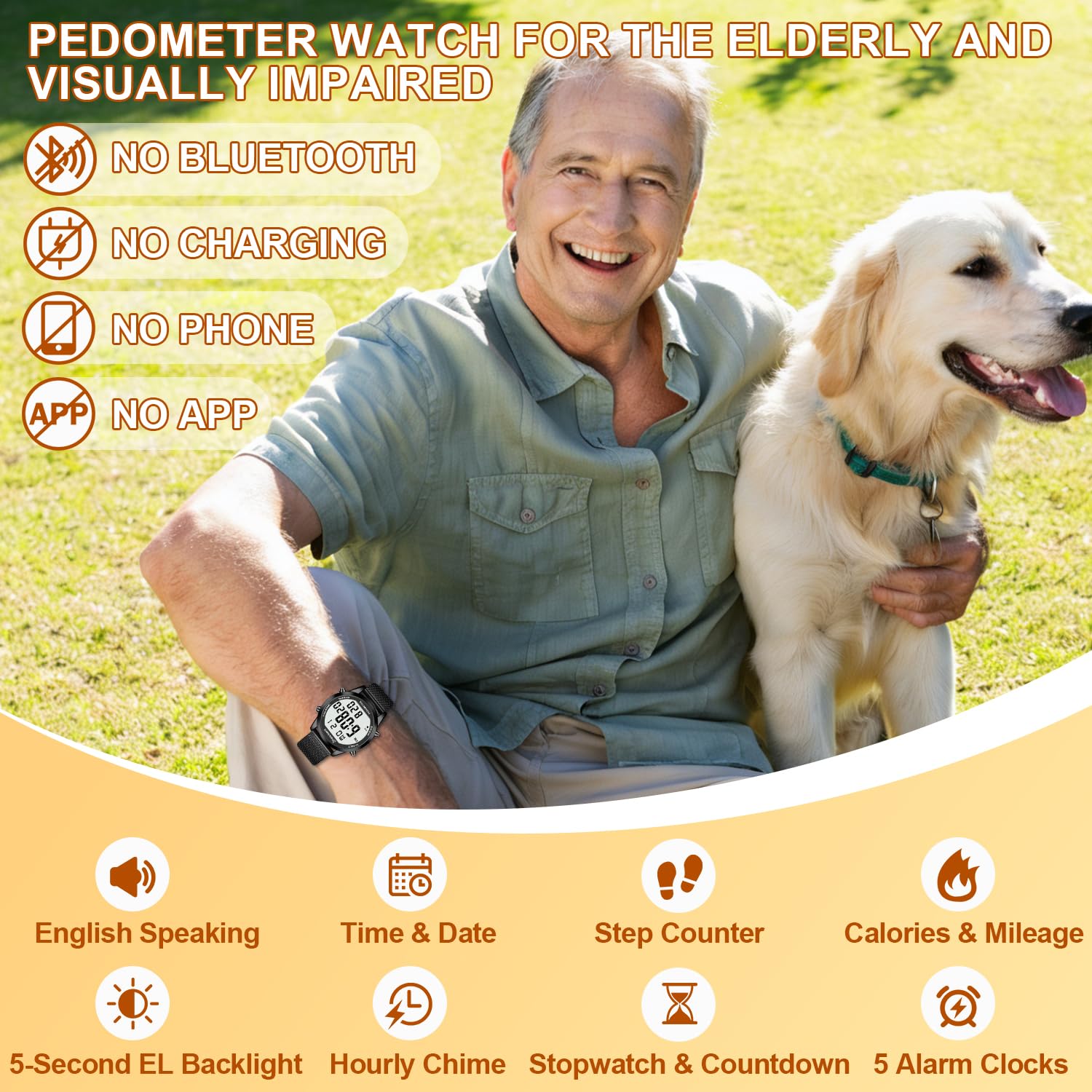 Hearkent Montre parlante numérique avec podomètre, heure/date/pas/calories en anglais, 5 alarmes, rétroéclairage EL, grand nombre, pas de Bluetooth pour personnes âgées/aveugles