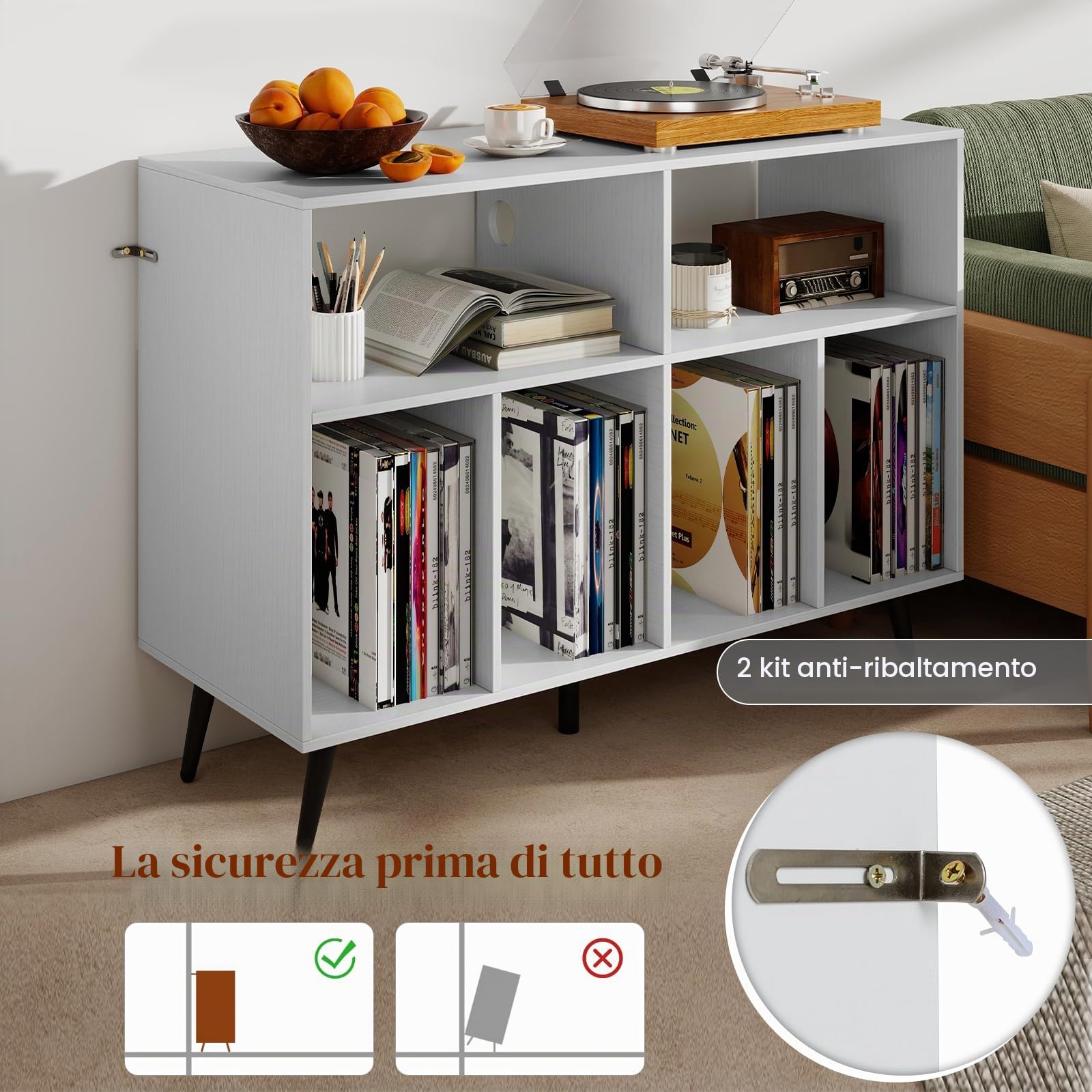 KOMFOTTEU Supporto per Giradischi a 3 Livelli, Mobile Vinili con 4 Scomparti e 2 Ripiani Aperti, Espositore per Dischi con 5 Gambe in Metallo (Con Stazione di Ricarica, Bianco)