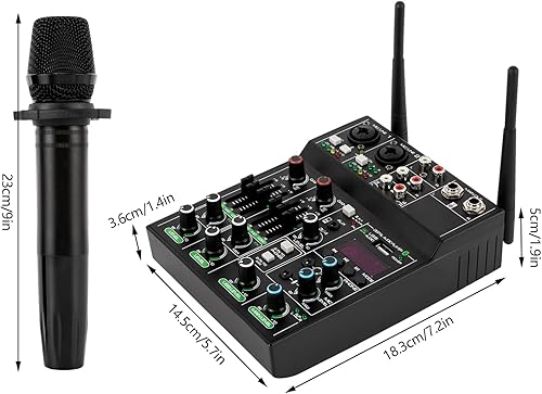 Miniatura 9 de Mezclador de audio profesional, mezclador de sonido de 4 canales con micrófono inalámbrico dual, consola de tablero de sonido MP3 Bluetooth 48 V,