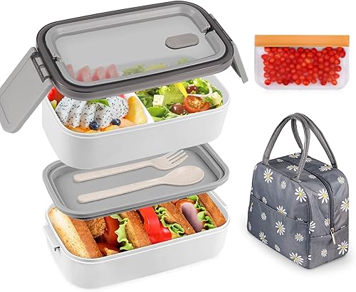 NatraProw Lonchera para adultos, caja Bento de 2 capas a prueba de fugas con divisor desmontable, bolsa de almuerzo, caja sin BPA con utensilios,