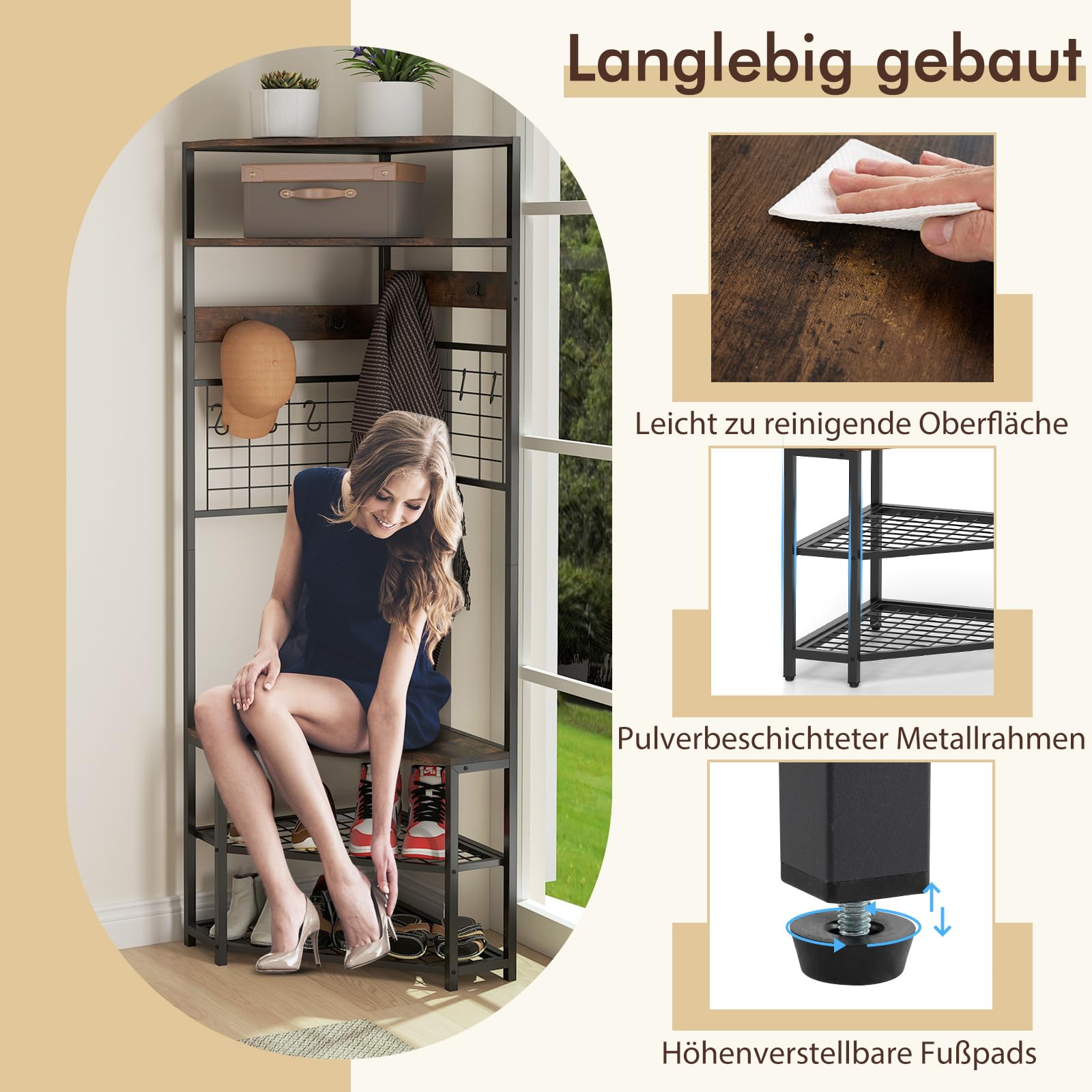 COSTWAY Narożny wieszak garderobiany 180 cm, 3 w 1, ławka do siedzenia i regał na buty, w zestawie 12 haczyków