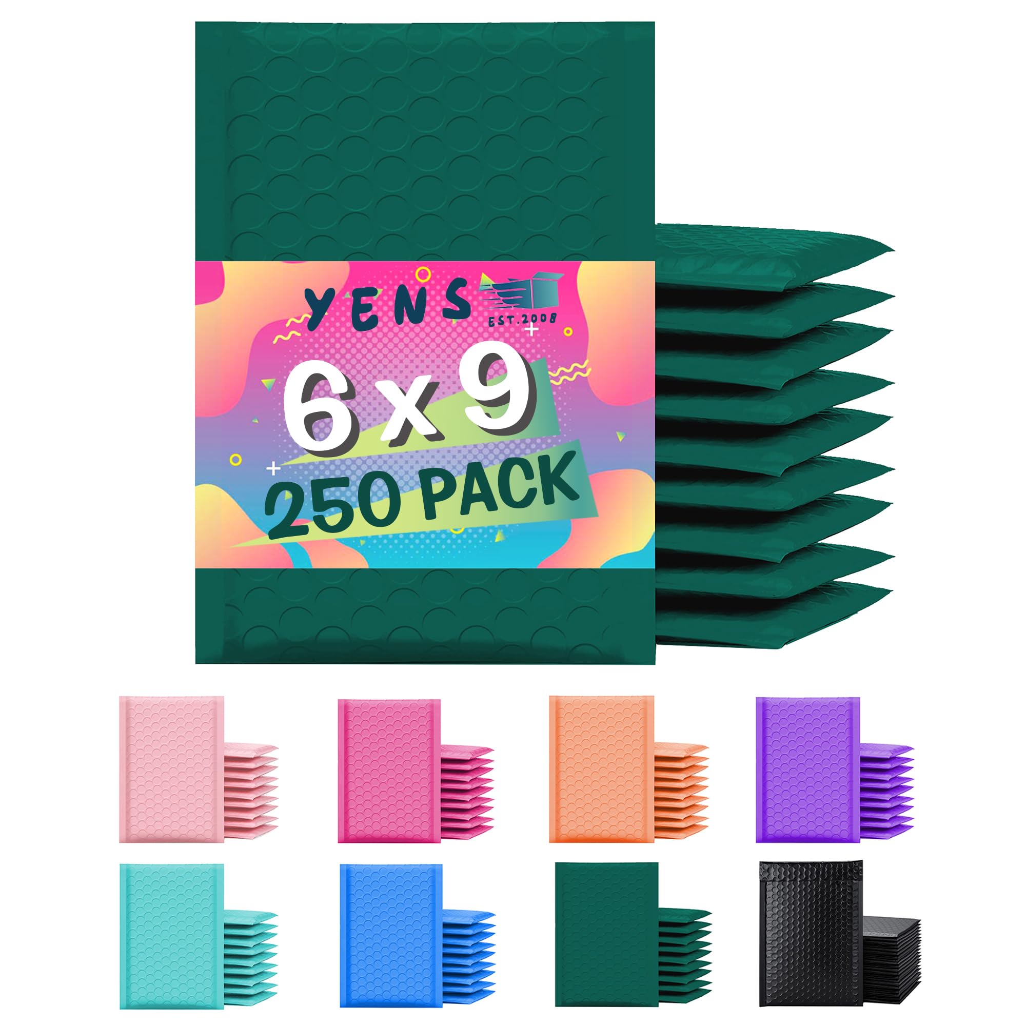 Yens 250 sobres de burbujas de polietileno impermeables y adhesivos para envío, correo, embalaje (verde, 15,2 x 25,4 cm)