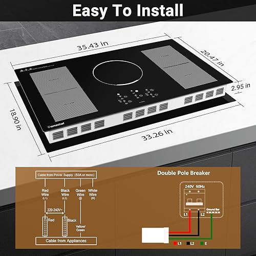 Miniatura 7 de AMZCHEF Estufa eléctrica de 30 pulgadas con 4 quemadores BOOST, placa de inducción de 220 V-240 V7200 W, 9 niveles de control de estufa mediante