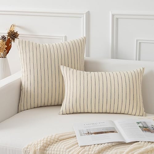 Miniatura 4 de Kevin Textile - Juego de 2 fundas de almohada rectangulares, fundas de almohada decorativas de lino a rayas para sofá, dormitorio, sala de estar, 12