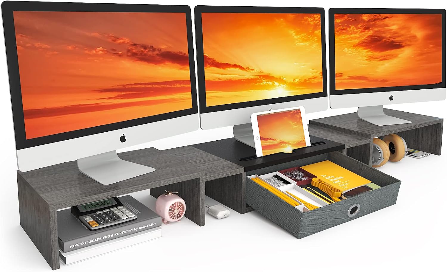 Amazon.co.jp WESTREE トリプルモニタースタンドライザー 引き出し付き デュアルモニタースタンド 長さと角度調節可能 特大