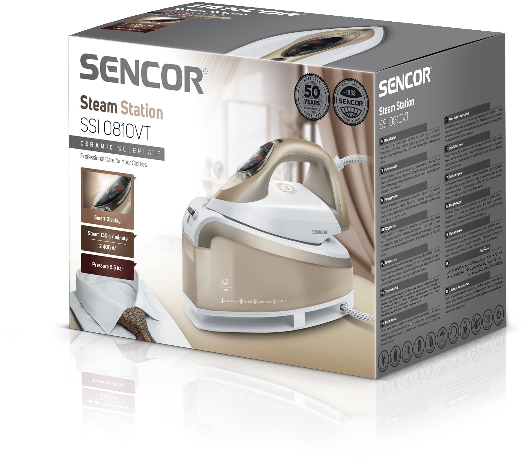 Sencor Ferro da Stiro a vapore con Caldaia, 2400W, Vapore 130 g/min, Colpo di Vapore 395 g/min, Serbatoio 1,5L, Piastra in Ceramica, Stiratura Verticale, Sistema Anticalcare, Funzione ECO, Anti-Goccia