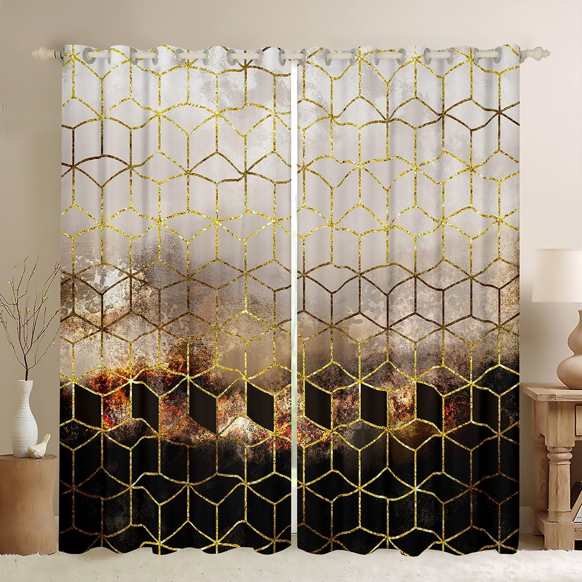 Homemissing Gold Black Curtains Geometric Luxury Window Curtains for Living Room for kids boys girls Gold Honeycomb Window Drapes Soft Gold Blackout Curtains, W66*L90,2 Panels