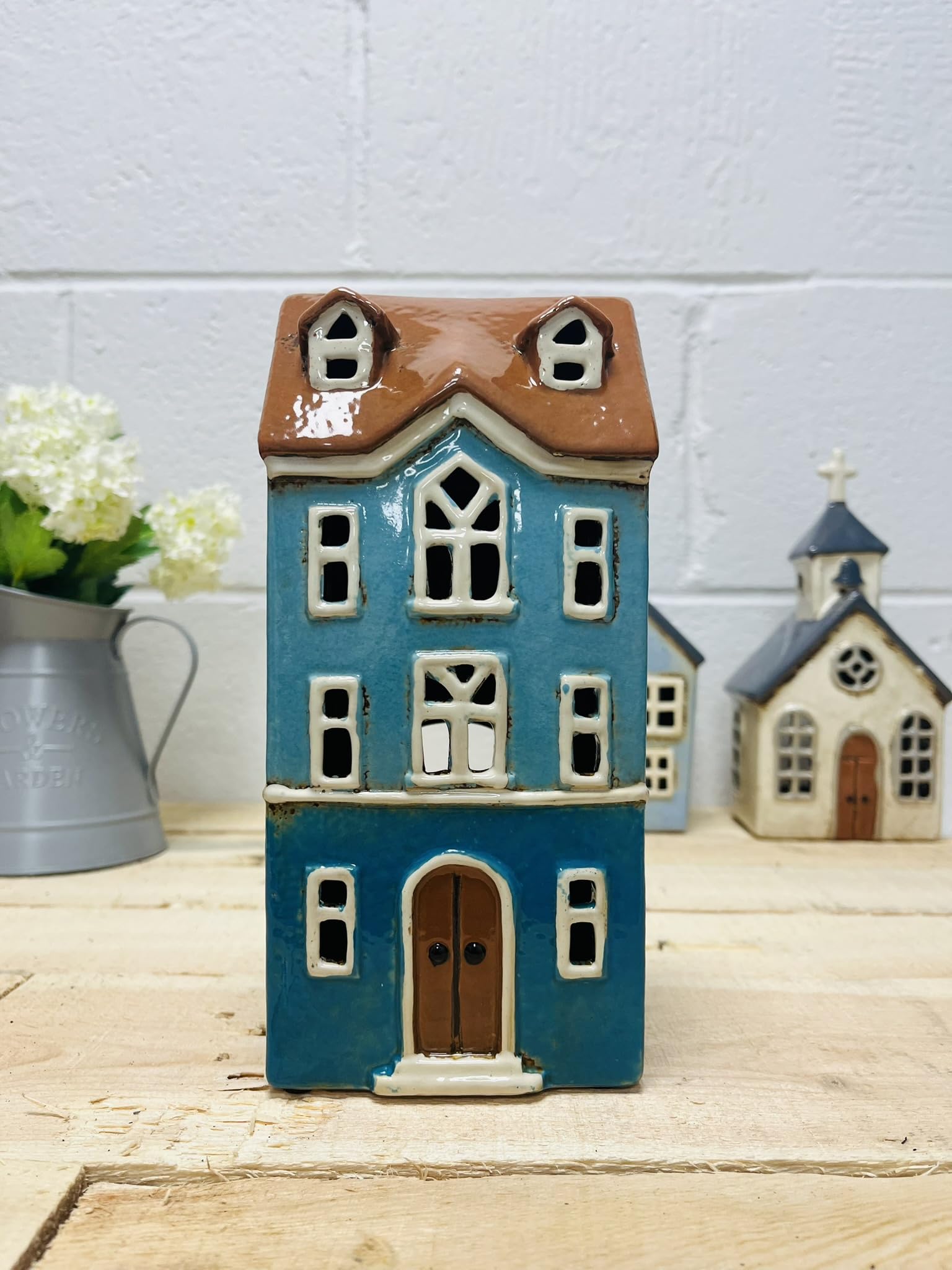 Tealight Candle Holder Housewarming Gift Cottage Ceramic Village Pottery House Ornament (Blue Town House (21cm))