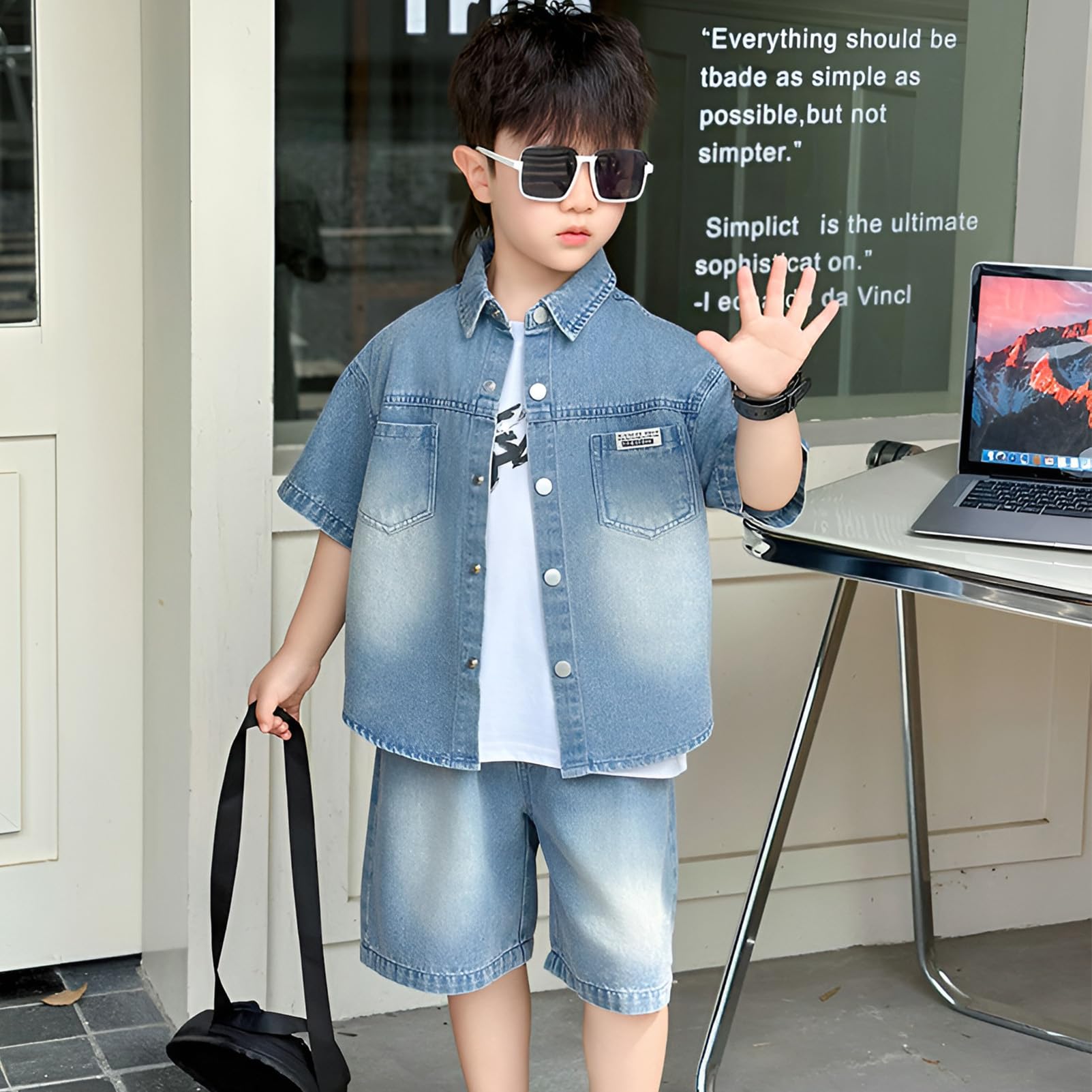 amropi Bambino Ragazzi Denim Maglietta a Maniche Corte + Canotta + Pantaloncini in Jeans 3 Pezzi Estivo Set per 2-9 Anni