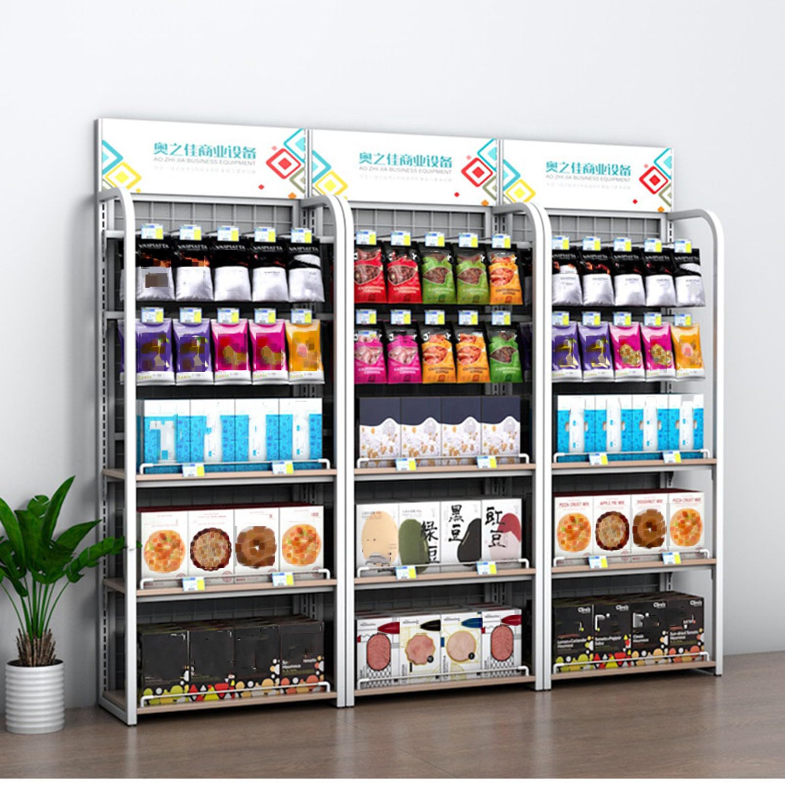 Verkaufsregal, Verkaufsständer mit Snack-Organizer, Robustes Regal aus Stahl undStahl und Holz für Bäckereien, Warenträger für Kaffee, Snacks und Kartoffelchips, für Vitrinen/Verkaufsflächen