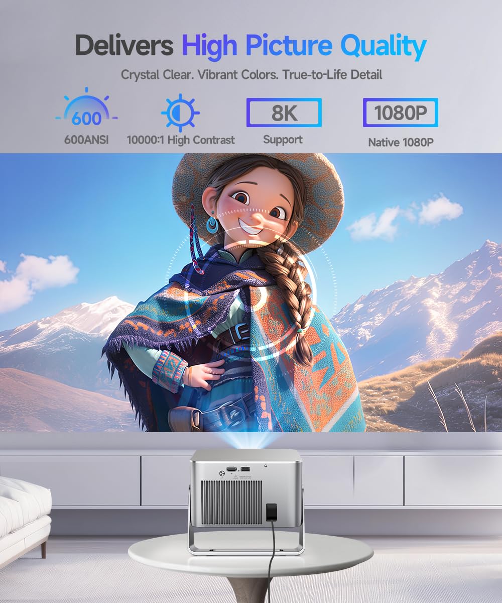 Mini Proyector Portatil 4K Full HD 1080P, 600 Lúmenes ANSI, Android 14 WiFi 6 Bluetooth 5.4, Corrección de Distorsión y Enfoque Automático, Cine en Casa Interior y Exterior