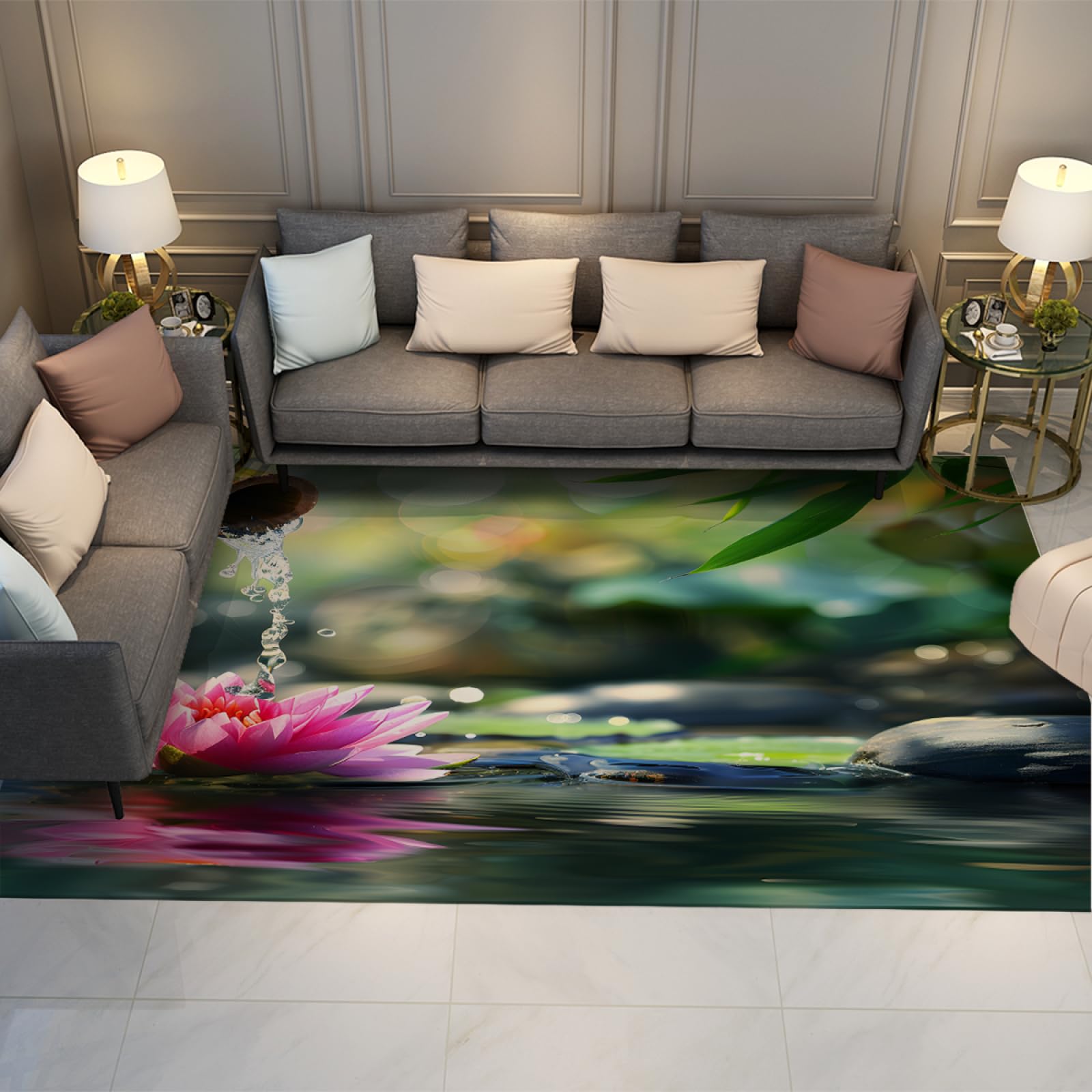 Tapis paillasson salon zen bambou et pierres noires