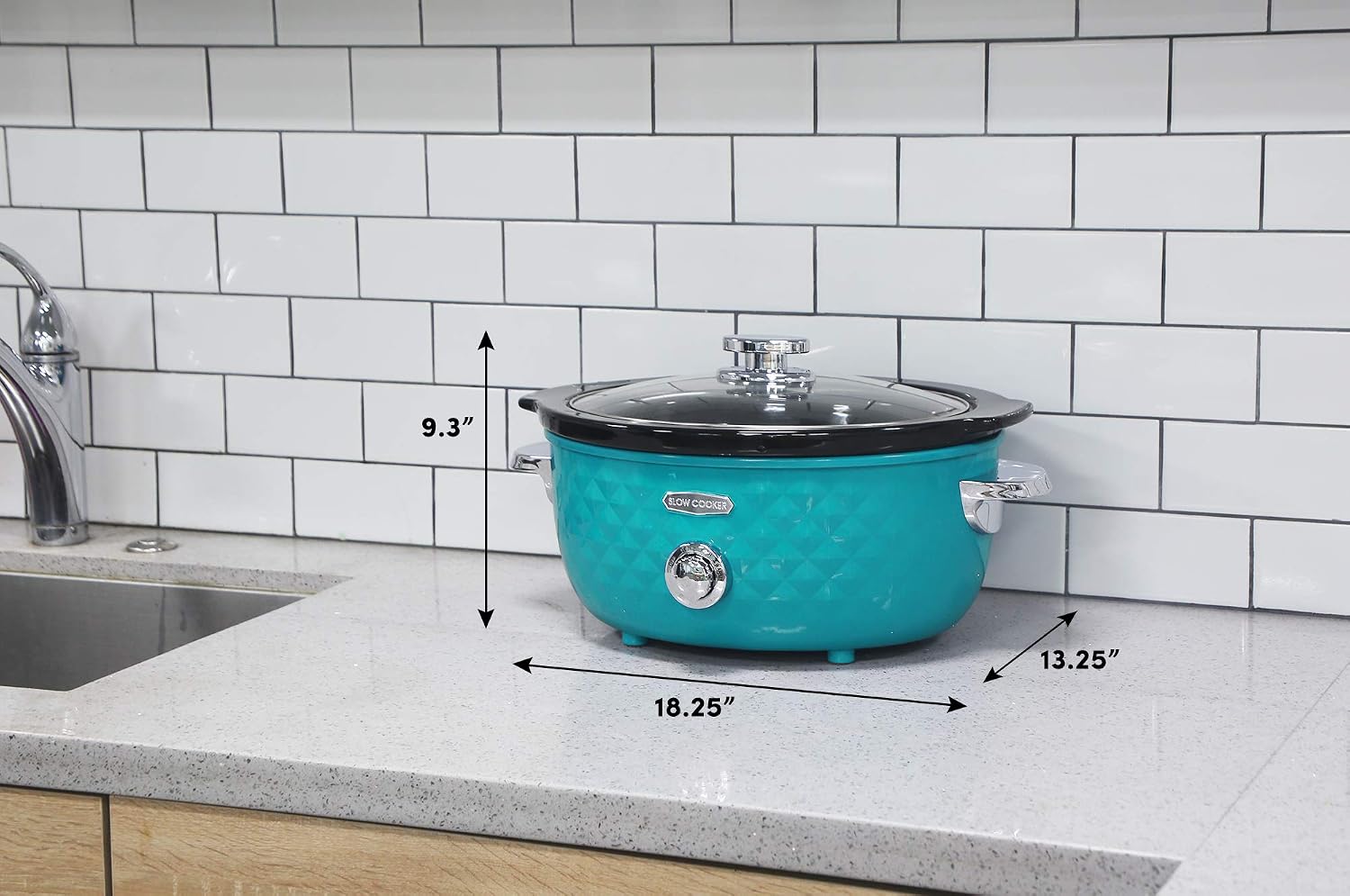 Elite Gourmet MST-1234 Maxi-Matic 6 Quart Diamond Pattern Slow Cooker Removable, Dishwasher-Safe Stoneware Pot with Tempered Glass Lid, Cool-Touch Handles, Teal