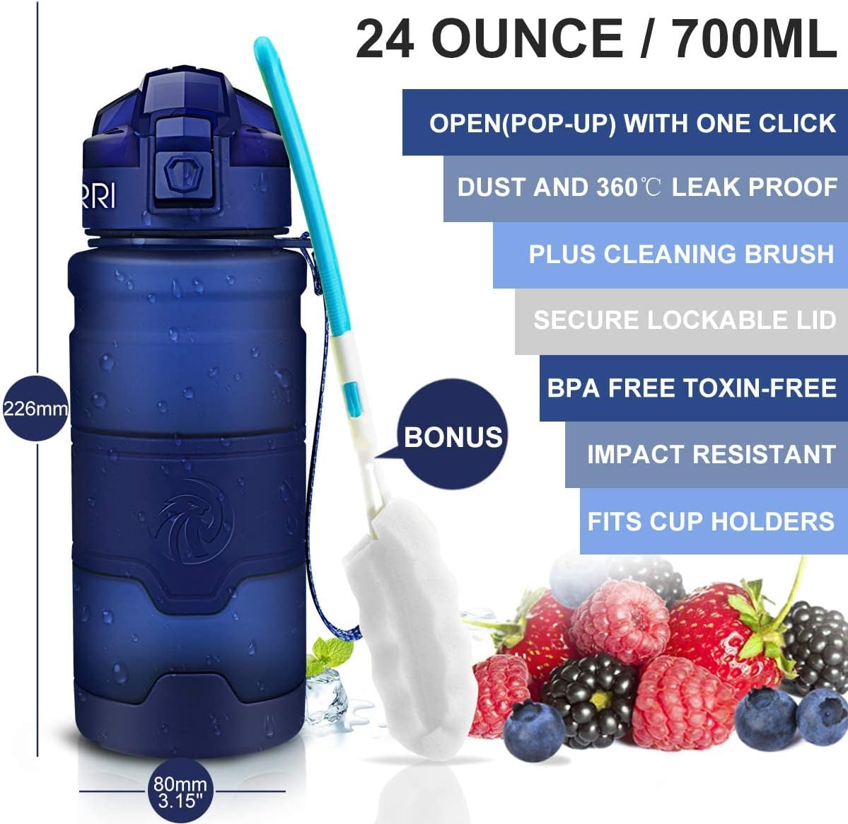 ZORRI Sports Water Bottle, 400/500/700ml/1L, BPA Free Leak Proof Tritan Lightweight Bottles for Outdoors,Camping,Cycling,Fitness,Gym,Yoga- Kids/Adults Drink Bottles with Filter, Lockable Pop Open Lid