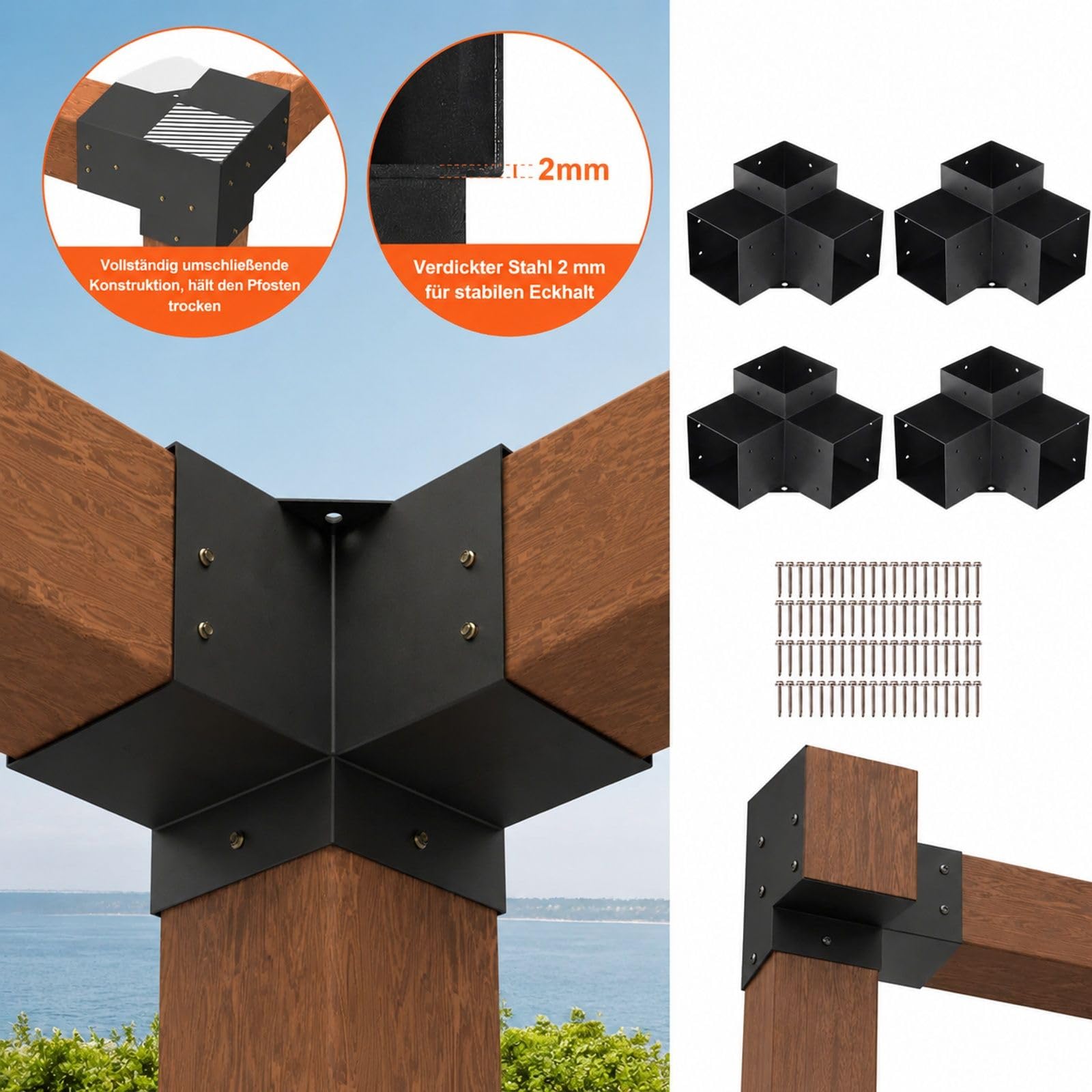 4er-Set 3-Wege-Pergola-Winkelverbinder für Holzbalken