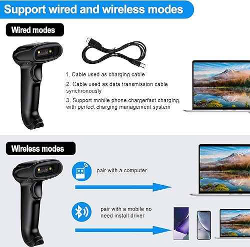 Miniatura 3 de Symcode Escáner de código de barras Bluetooth portátil USB CCD inalámbrico lector de código de barras compatible con función inalámbrica y Bluetooth