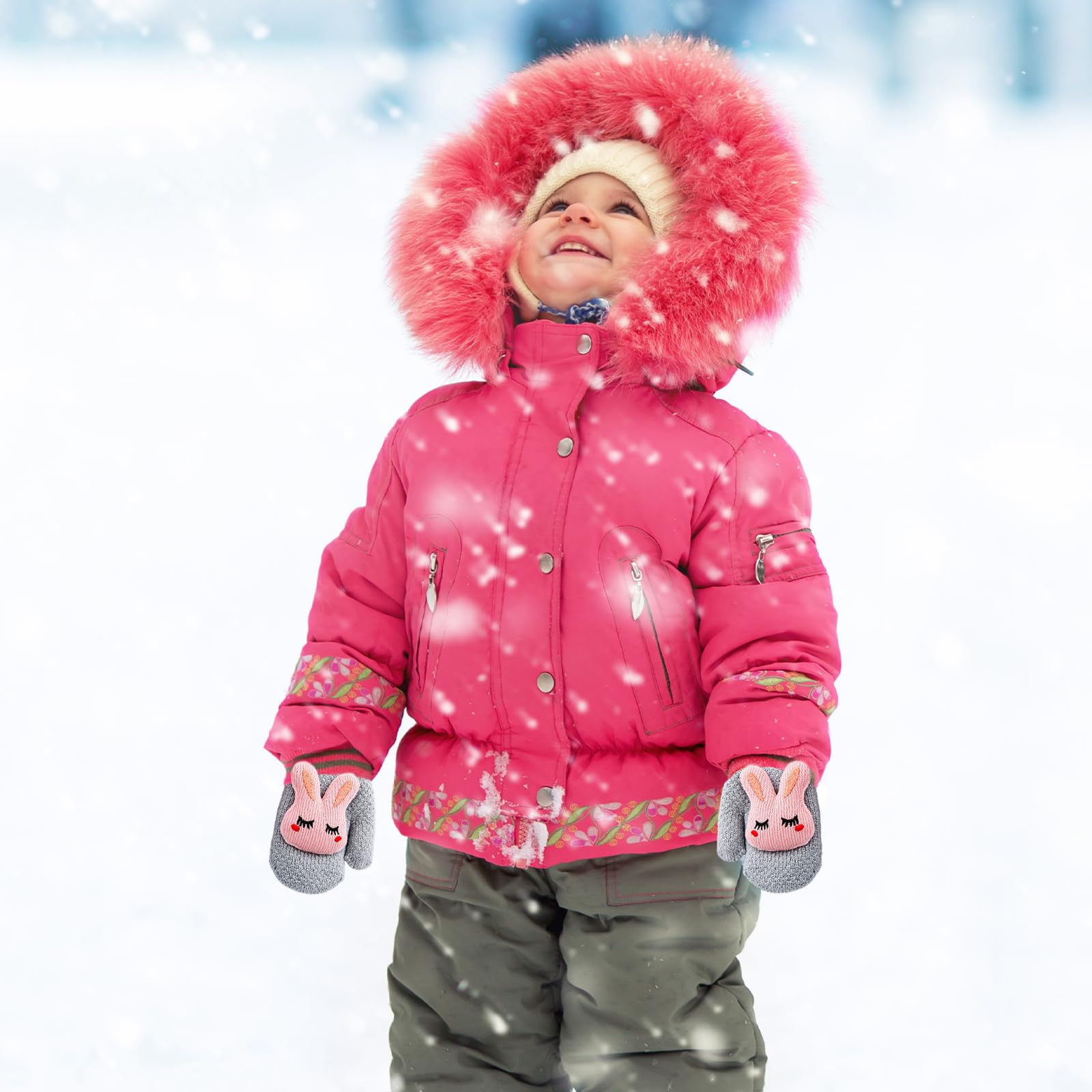 UILYNIU 2 Pares Guantes Invierno Niños, Manoplas Bebe, Guantes Bebé, Guantes Térmicos Bebé, Guantes con Cuerda, Guantes de Punto con Forro Polar, Guantes para Bebé Niños Niñas 0-3 Años