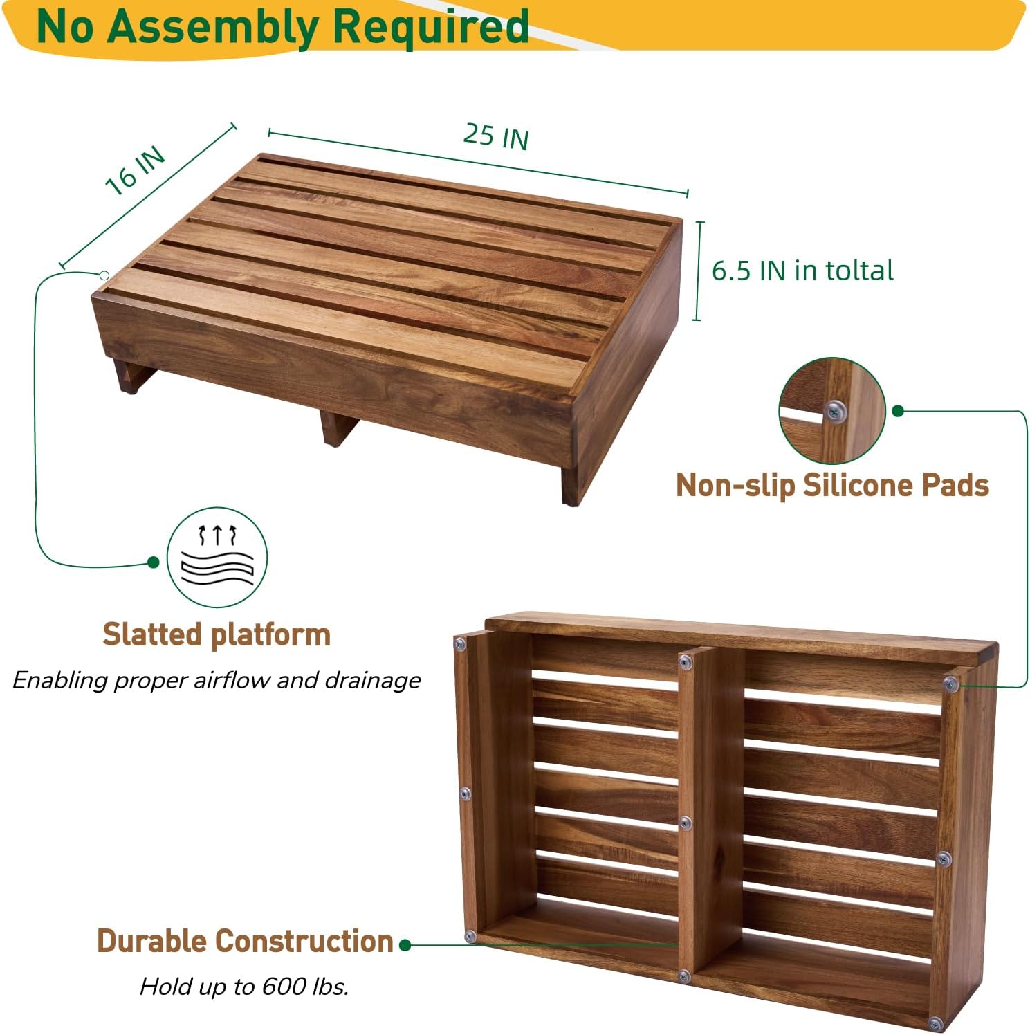 acacia wood step platform (25'' l x 16'' w x 6.5'' h, no assembly required), outdoor steps with non-skip pads for seniors, wooden one step stool for bed, stair, bathroom, kitchen, garden