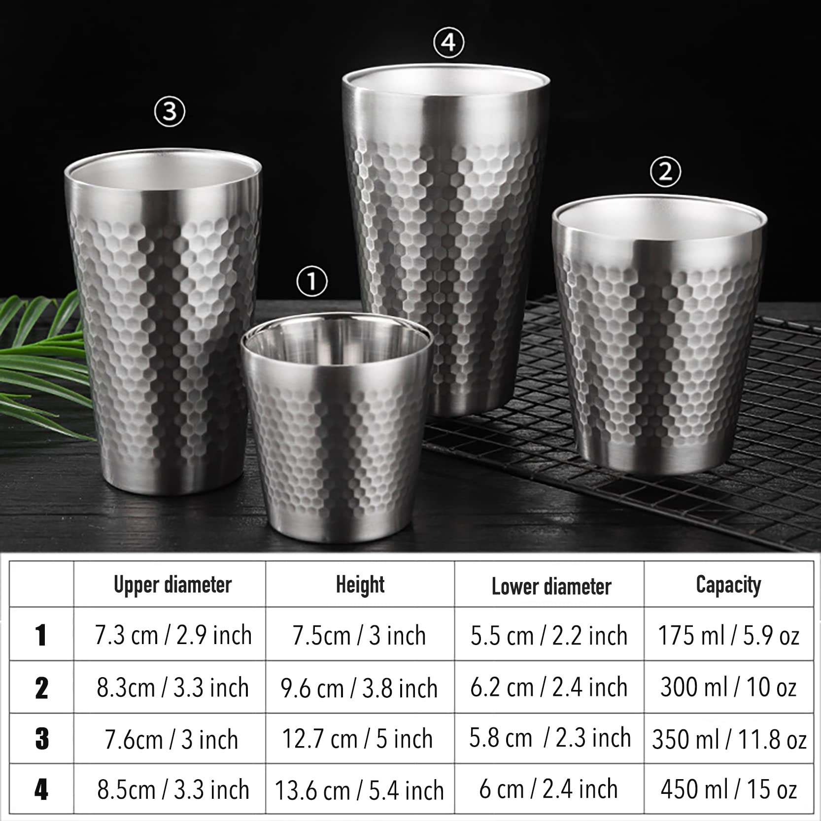 4 Stück Edelstahlbecher (450 ml/Per, Silber), Diamant-Hammer-Muster, leichte Eisteetassen, doppelwandiger Bierkrug, wiederverwendbarer Metall-Kaffeebecher, für Camping, Outdoor, Party