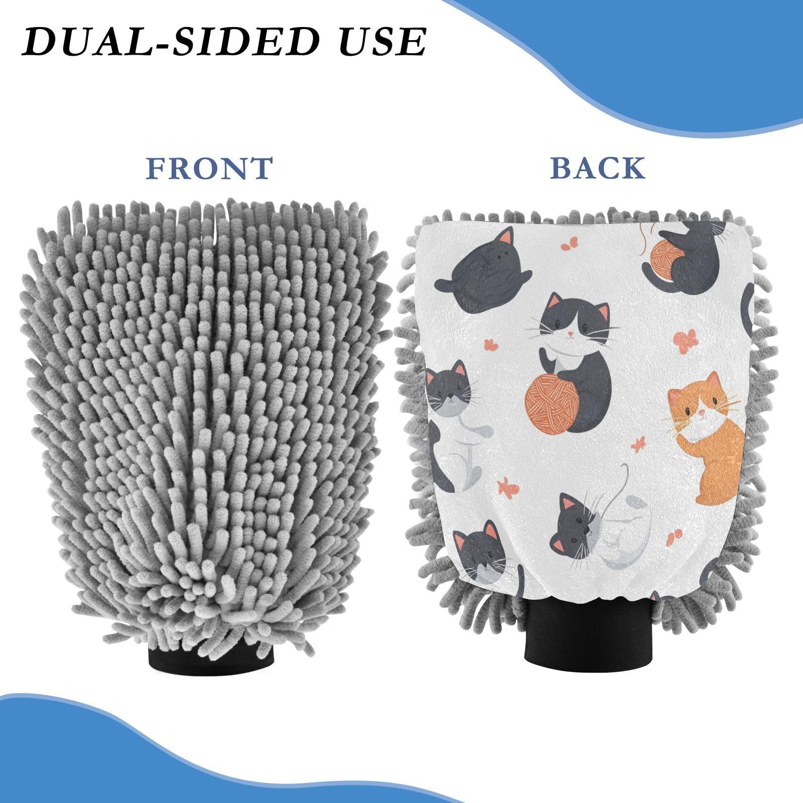 STAYTOP Cute Cartoon Cat Car Wash Mitt Microfiber, 2Pcs Scratch Free Lint-Free, Premium Chenille Microfiber Mitt Car Wash Brush-M