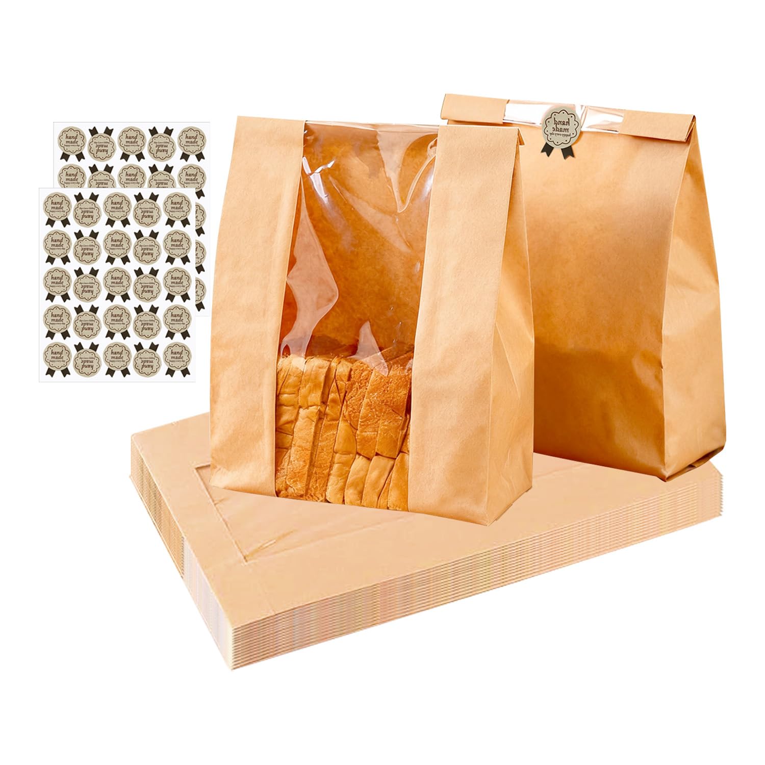 Reicyfang 50Pack Paper Bread Bags with Stickers and Clear Window, Kraft Paper Bakery Bags Large Bakery Bag Sourdough Bread Loaf Bag for Homemade Bread, Cookies, Donuts, 35 * 21 * 9cm