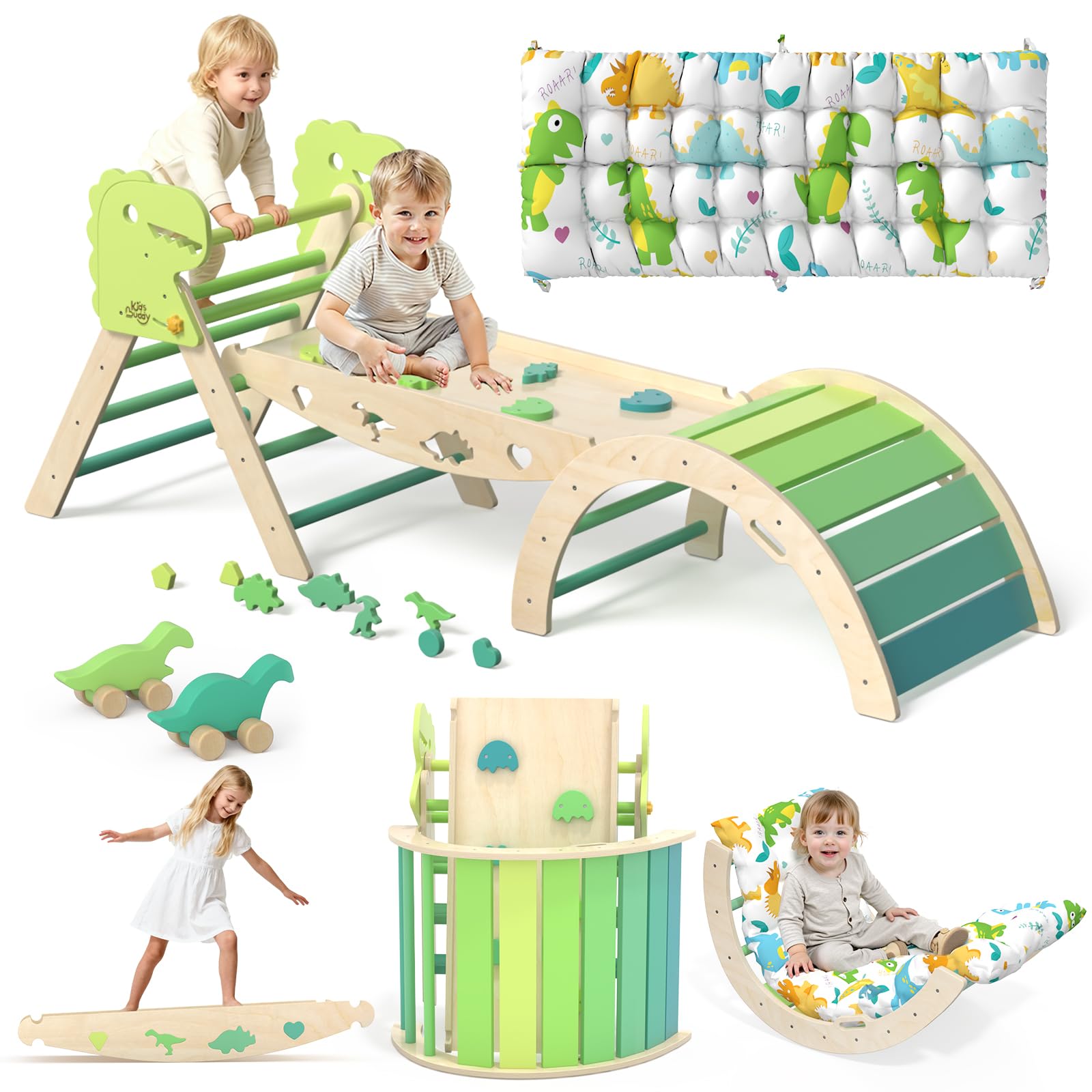 Pikler Triangle Set with Cushion 9 in 1 Climbing Toys for Toddlers 1-3 Indoor Baby Climbing Gym Toddler Montessori Toys Wooden Toy with Maze Toy, Shape Sorter, Dinosaur Car