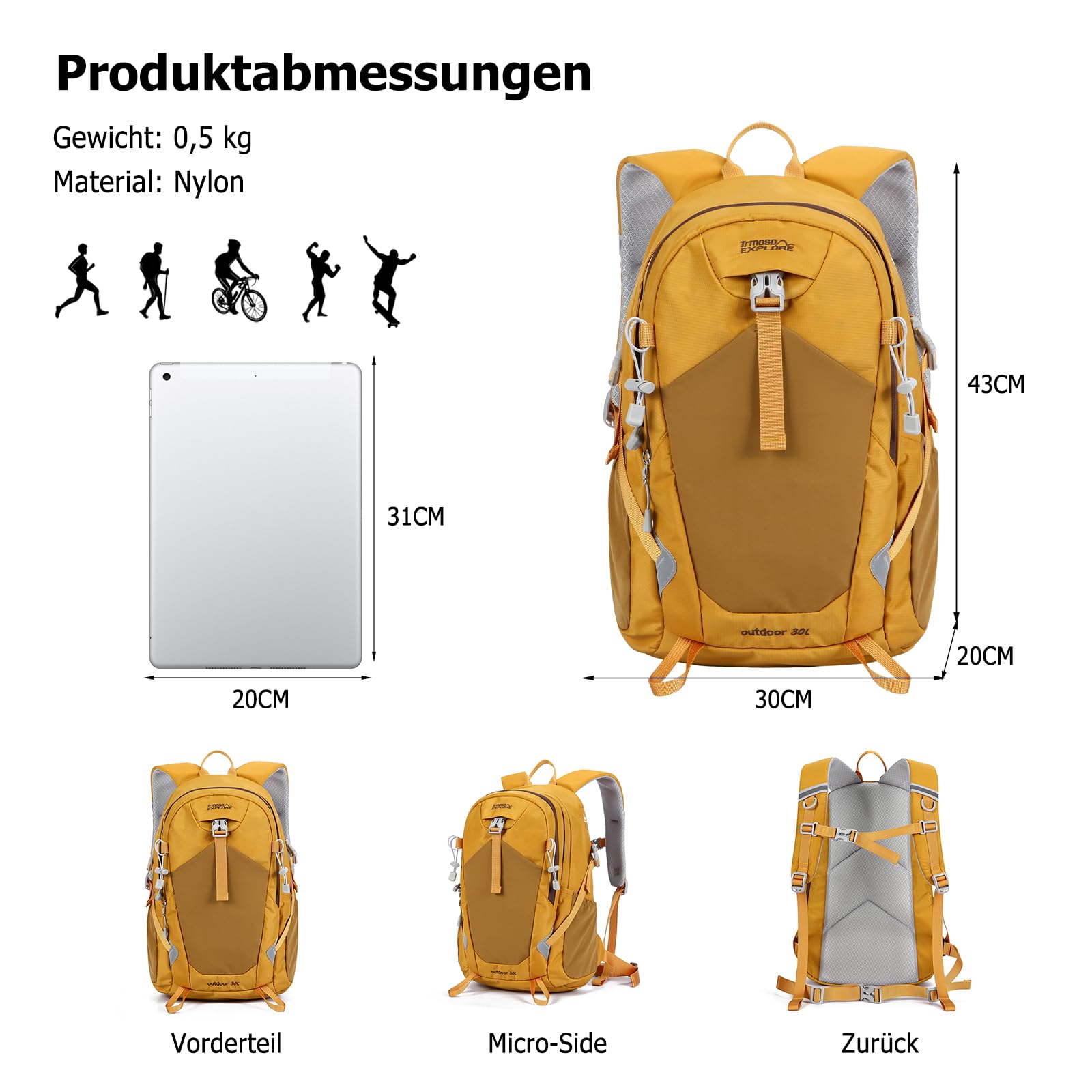 30L Wanderrucksack Wasserdicht Outdoor Tagesrucksack mit Ergonomischem Druckentlastungssystem Reflektierenden Streifen Mehrtaschen Rucksack für Camping Reisen Täglicher Gebrauch Gelb